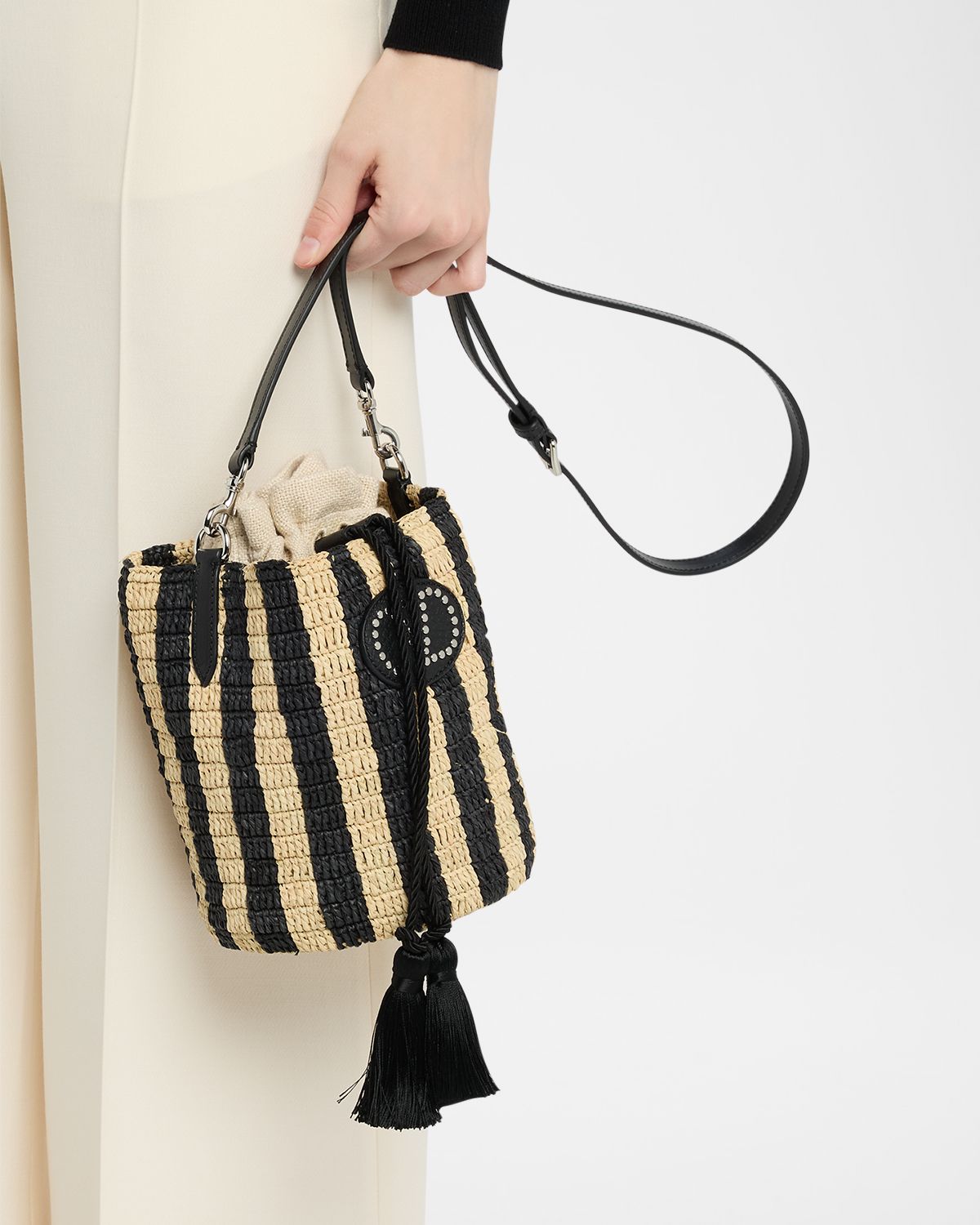 Valentino Garavani Small Striped Viscose Raffia Bucket Bag
