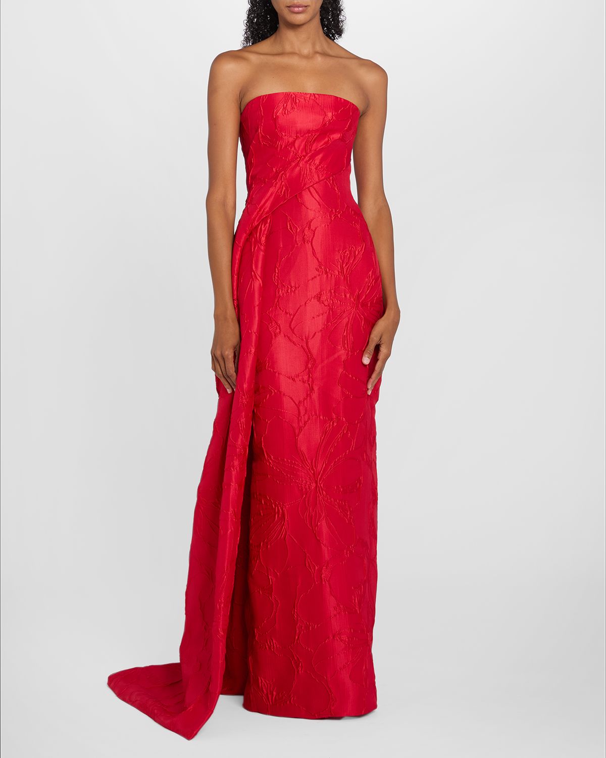 Monique Lhuillier Strapless Rose Jacquard Drape Column Gown