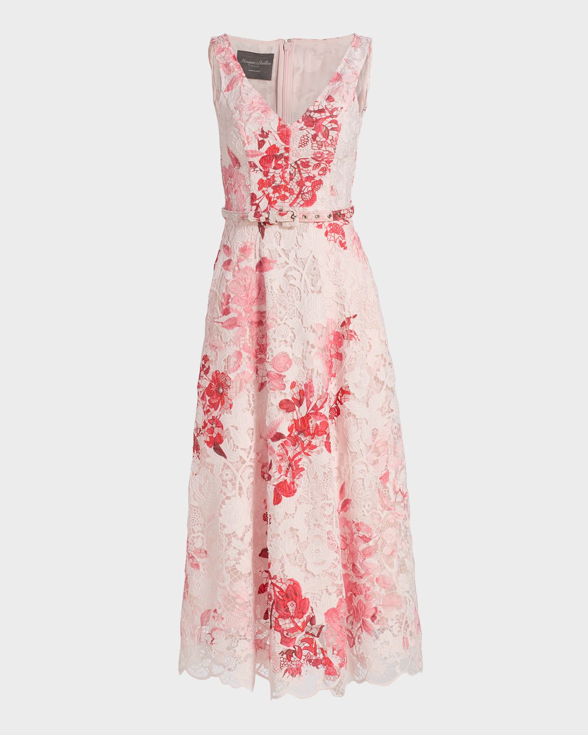 Monique Lhuillier Rose-Print Lace Belted Sleeveless Midi Dress
