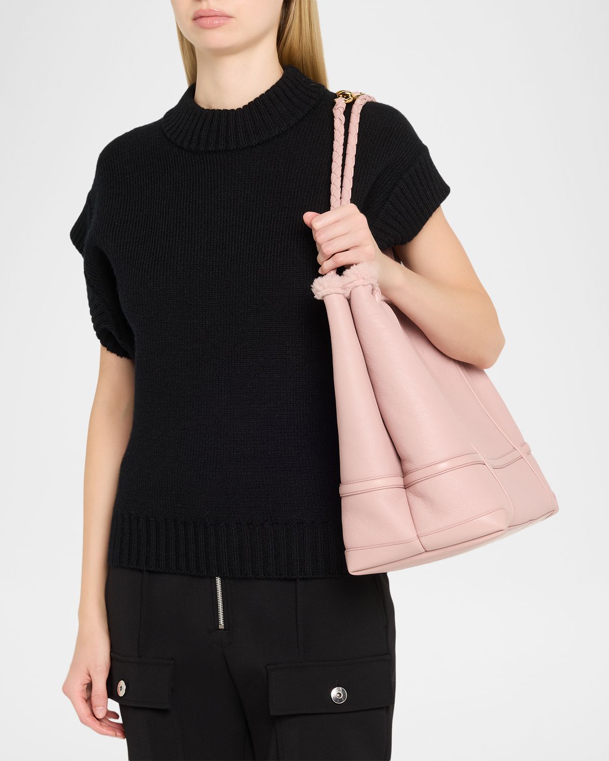 Bottega Veneta Andiamo Shearling-Trim Leather Top-Handle Bag