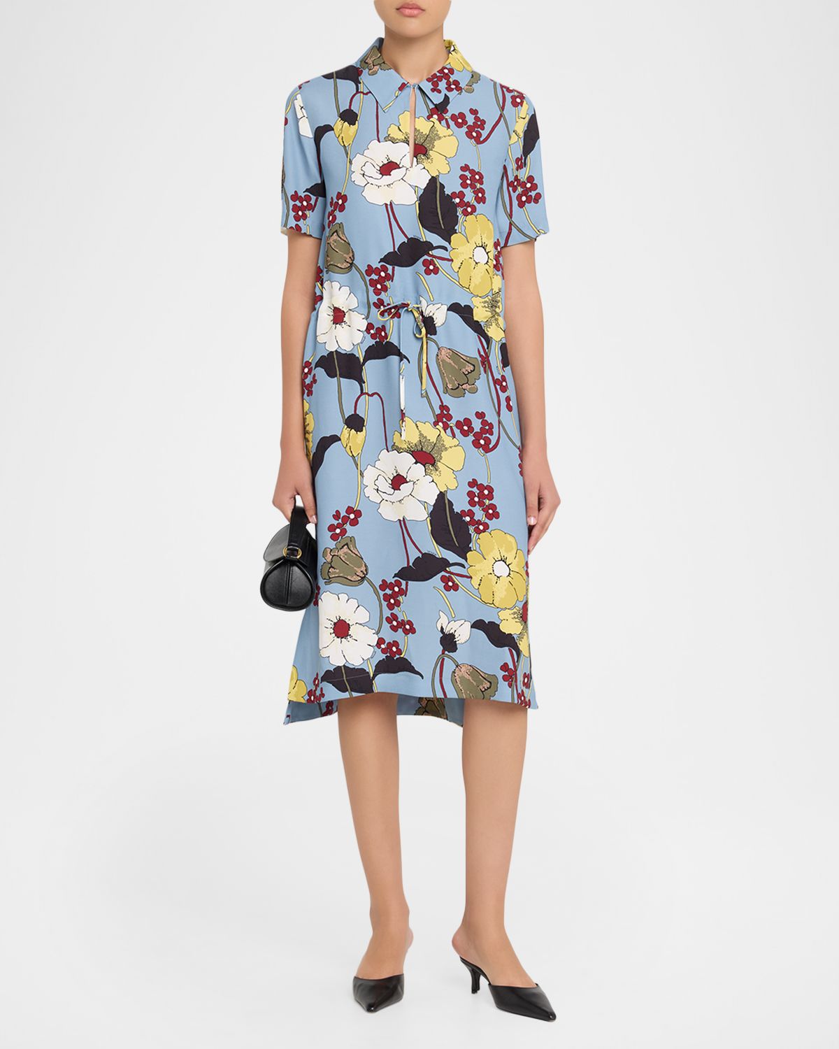 Marni Floral Short-Sleeve Drawstring Midi Dress