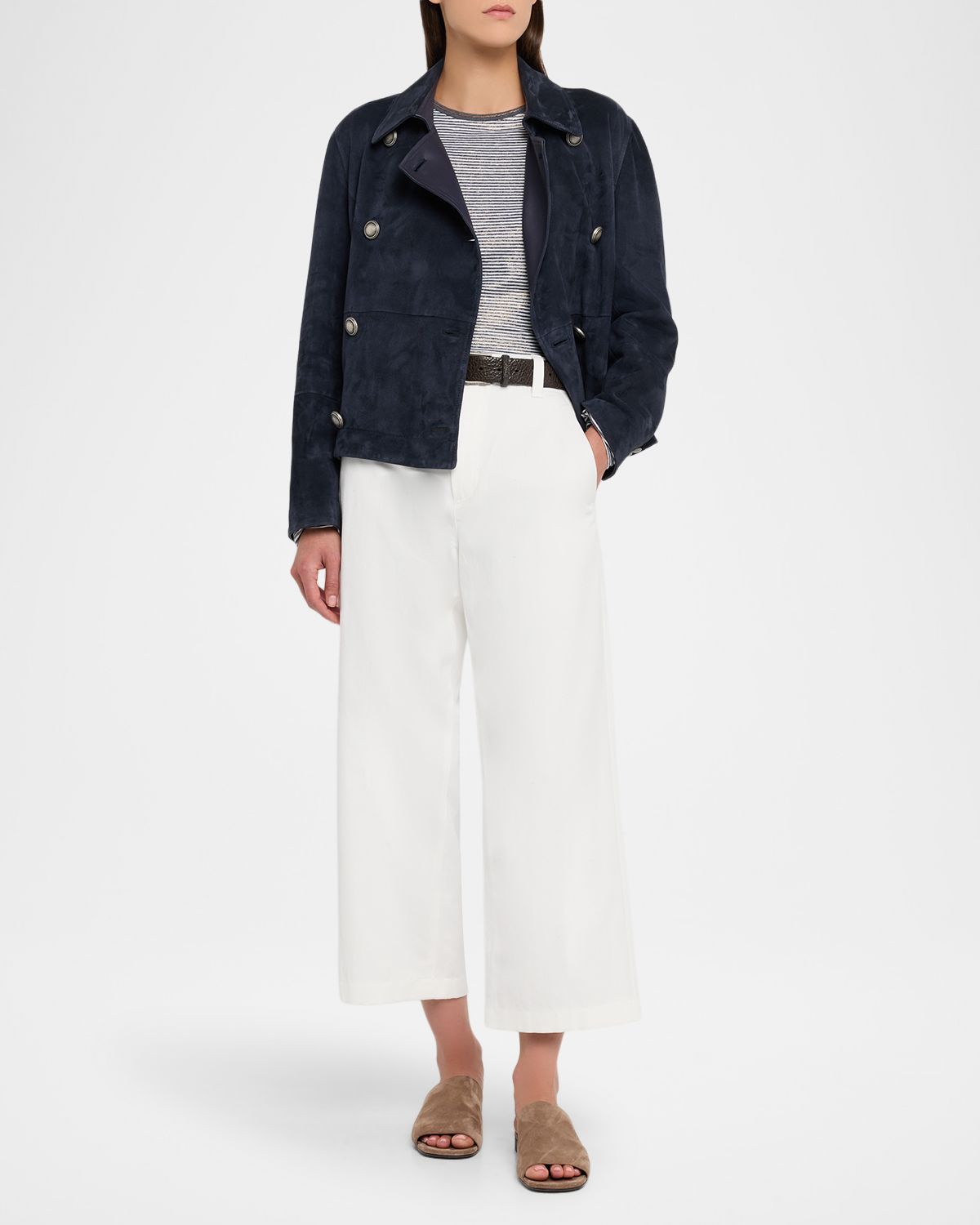 Brunello Cucinelli Glossy Summer Striped Long-Sleeve Crop T-Shirt