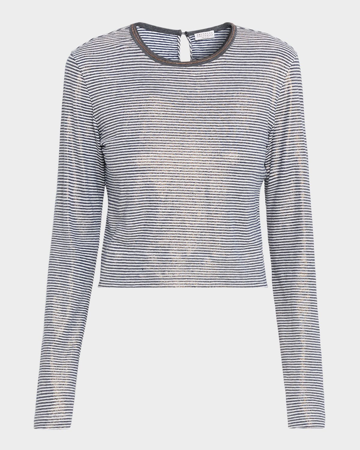 Brunello Cucinelli Glossy Summer Striped Long-Sleeve Crop T-Shirt