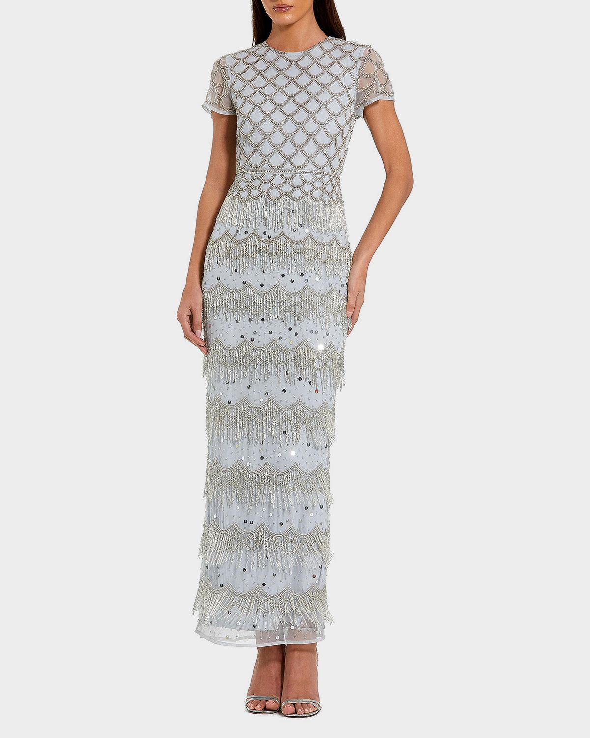 Mac Duggal Scalloped Beaded Fringe Column Gown