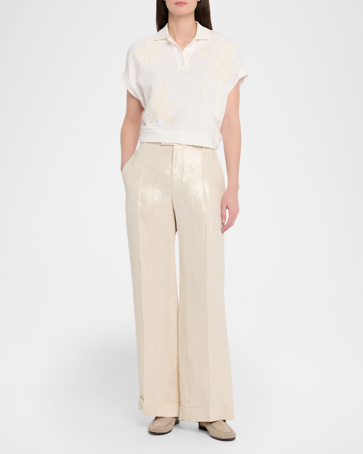 Brunello Cucinelli Shimmering Cotton-Silk Wide-Leg Pants