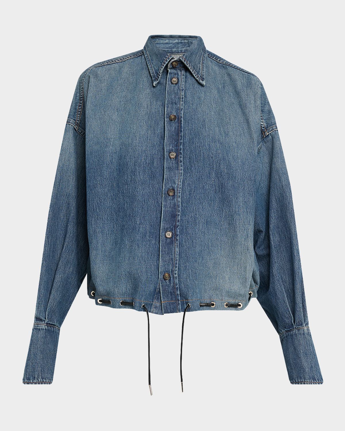 Brandon Maxwell Leland Denim Drawstring Bubble Shirt