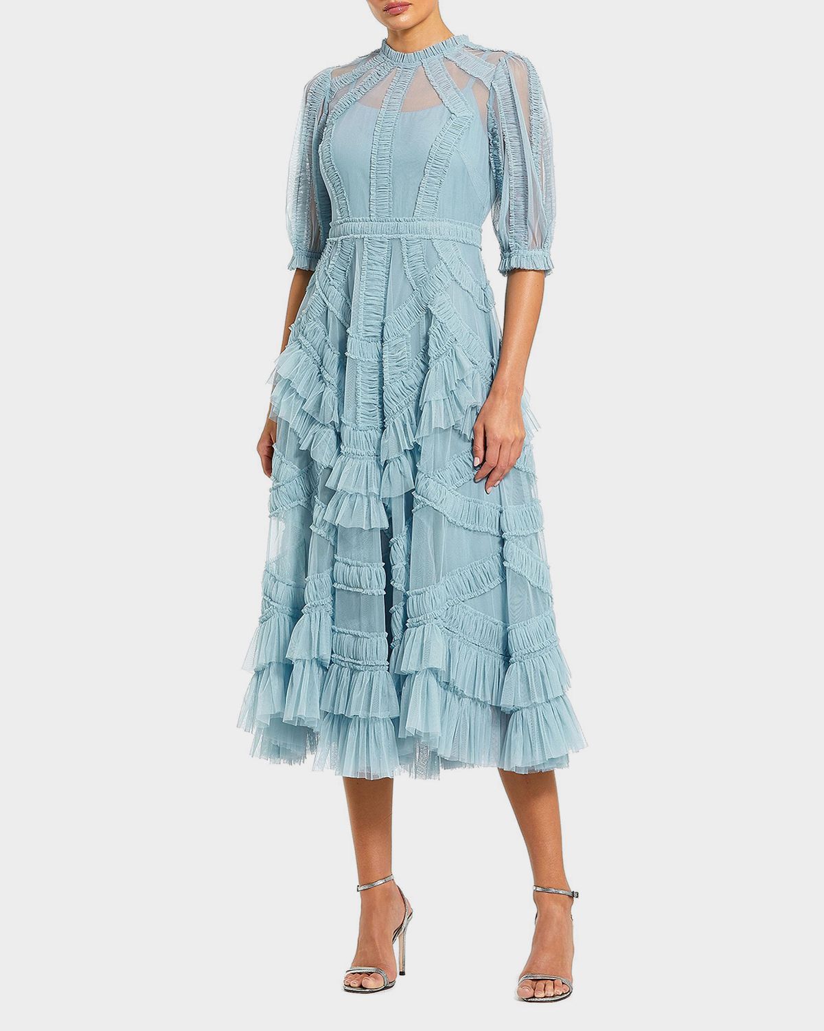 Mac Duggal High-Neck Ruffled A-Line Midi Dress