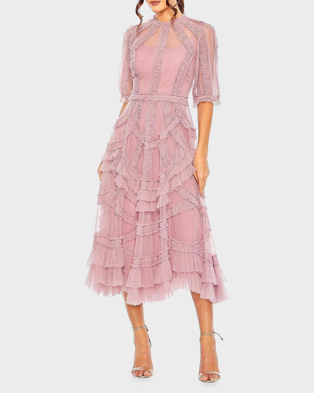 Mac Duggal High-Neck Ruffled A-Line Midi Dress