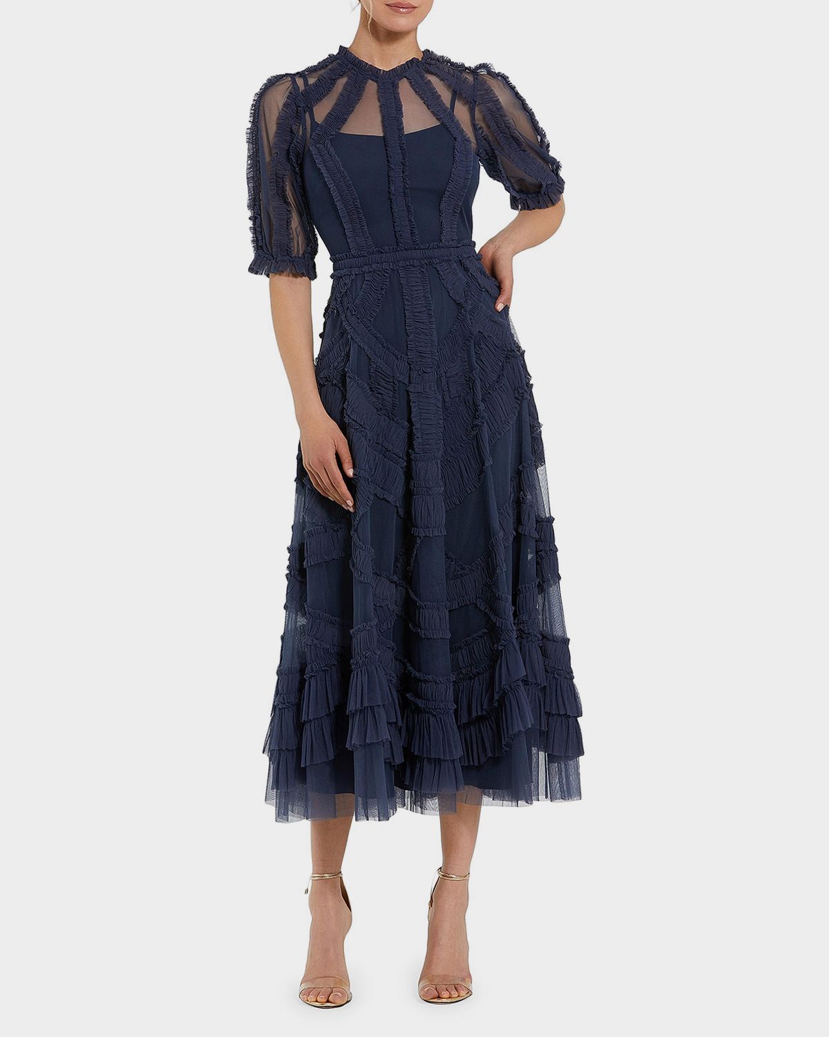 Mac Duggal High-Neck Ruffled A-Line Midi Dress