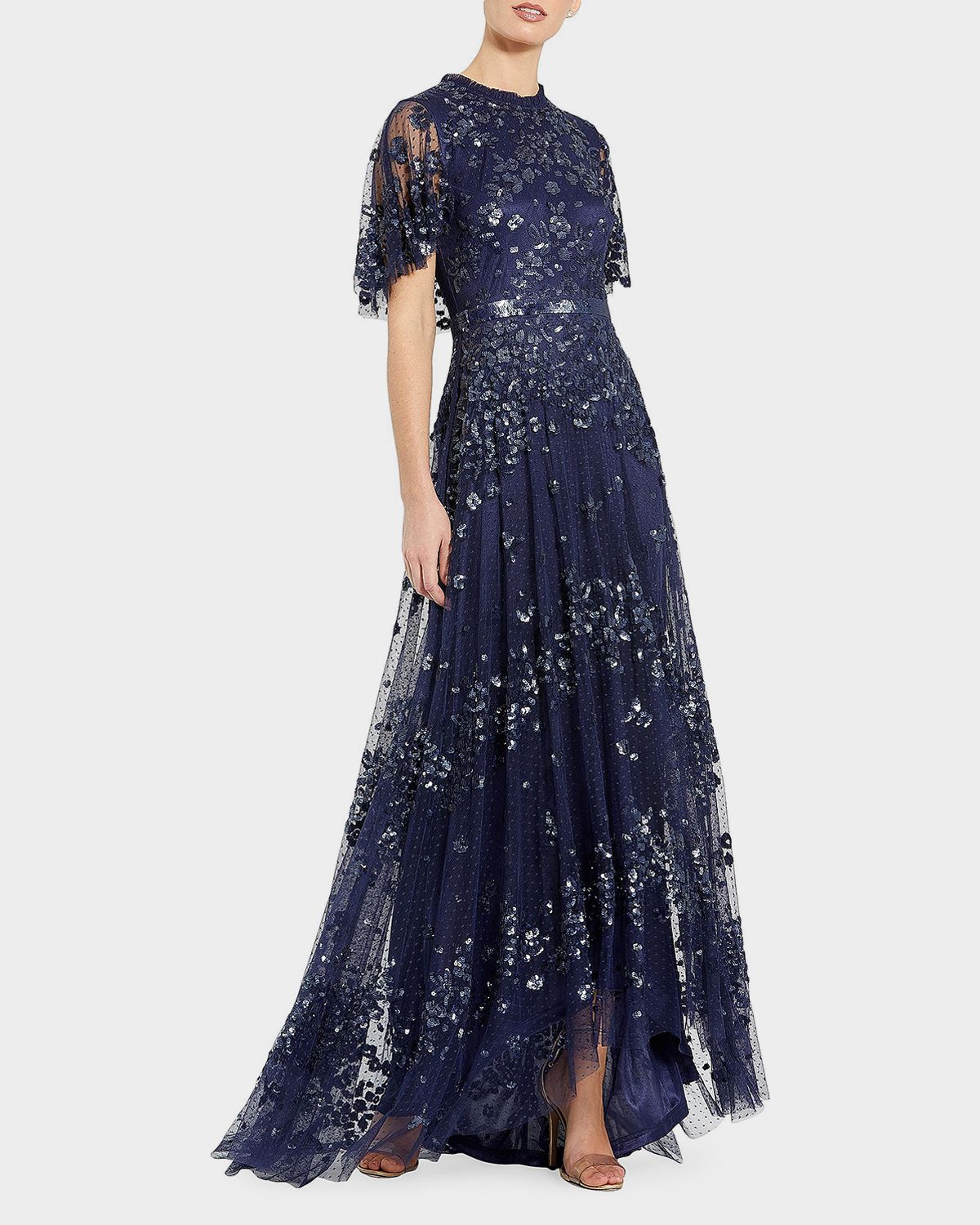 Mac Duggal Flutter-Sleeve Sequin Tulle Gown