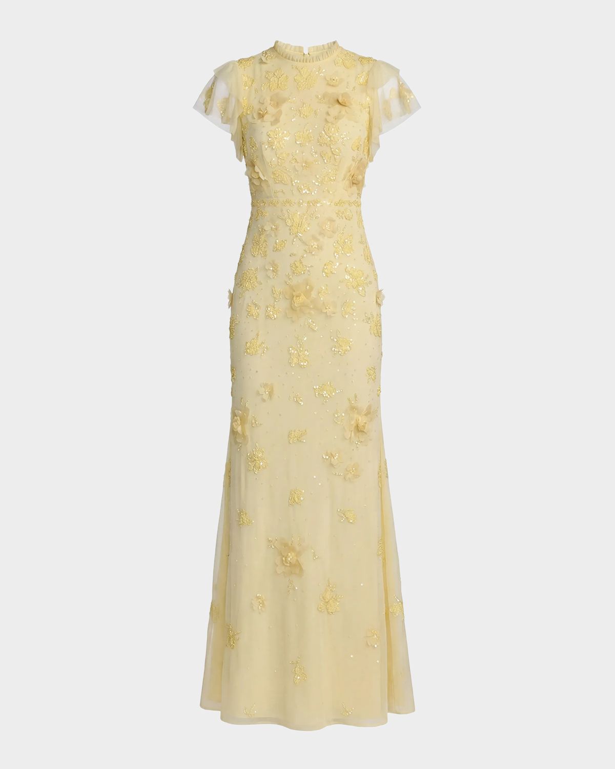 Mac Duggal Flutter-Sleeve Beaded Applique Gown
