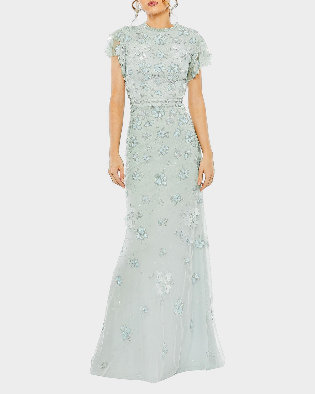Mac Duggal Flutter-Sleeve Beaded Applique Gown