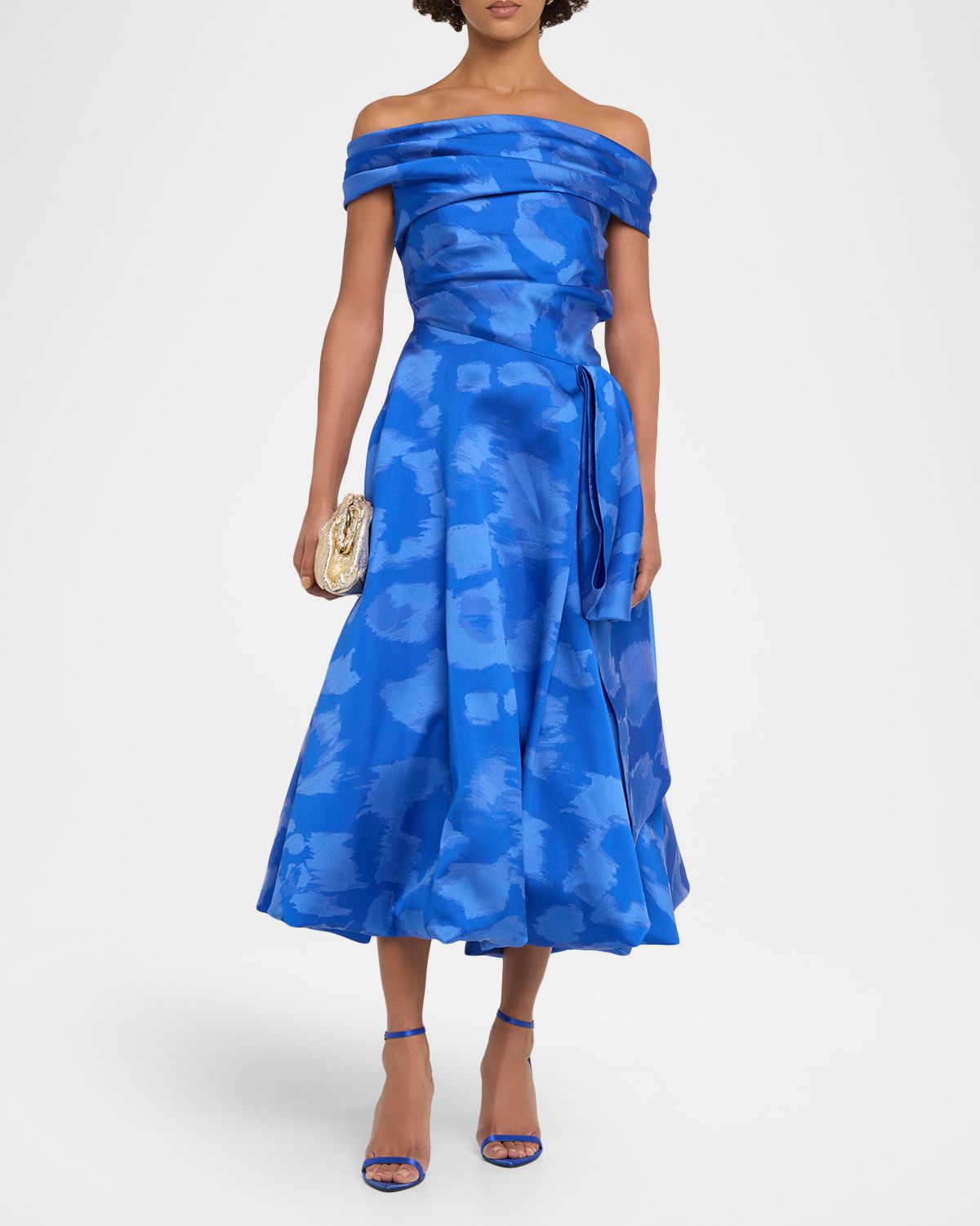 Talbot Runhof Off-The-Shoulder Draped Floral Jacquard Midi Dress