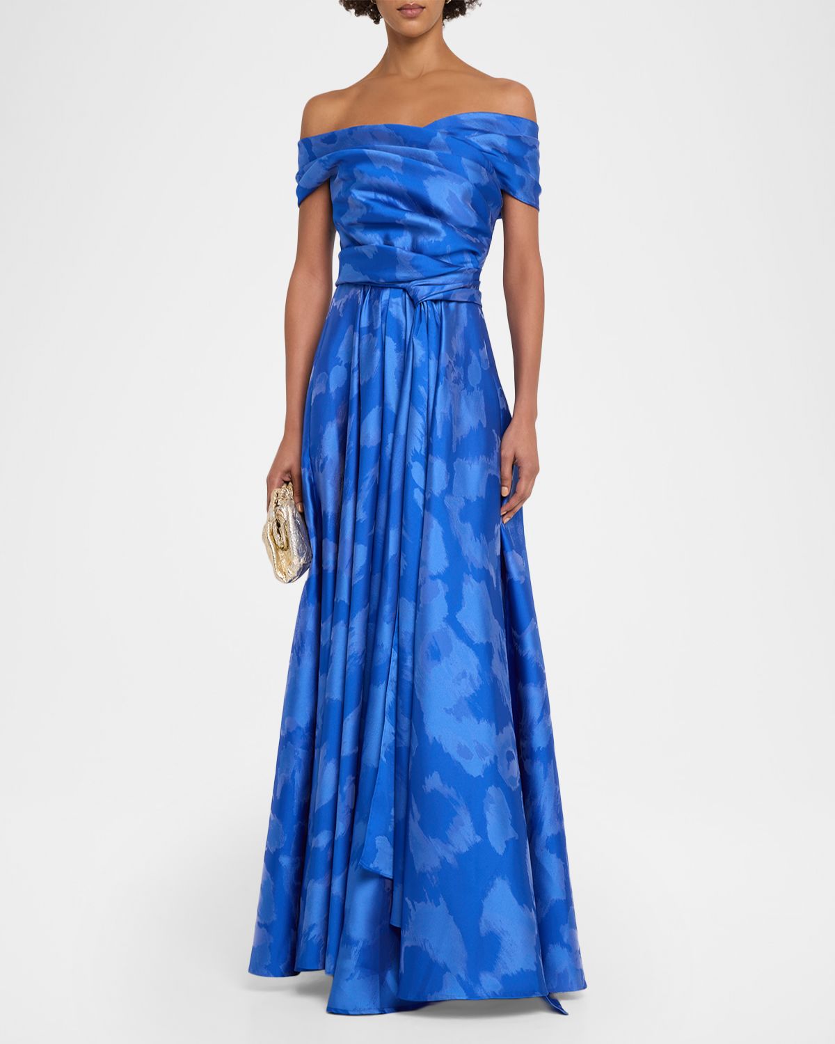 Talbot Runhof Off-The-Shoulder Draped Floral Jacquard Gown