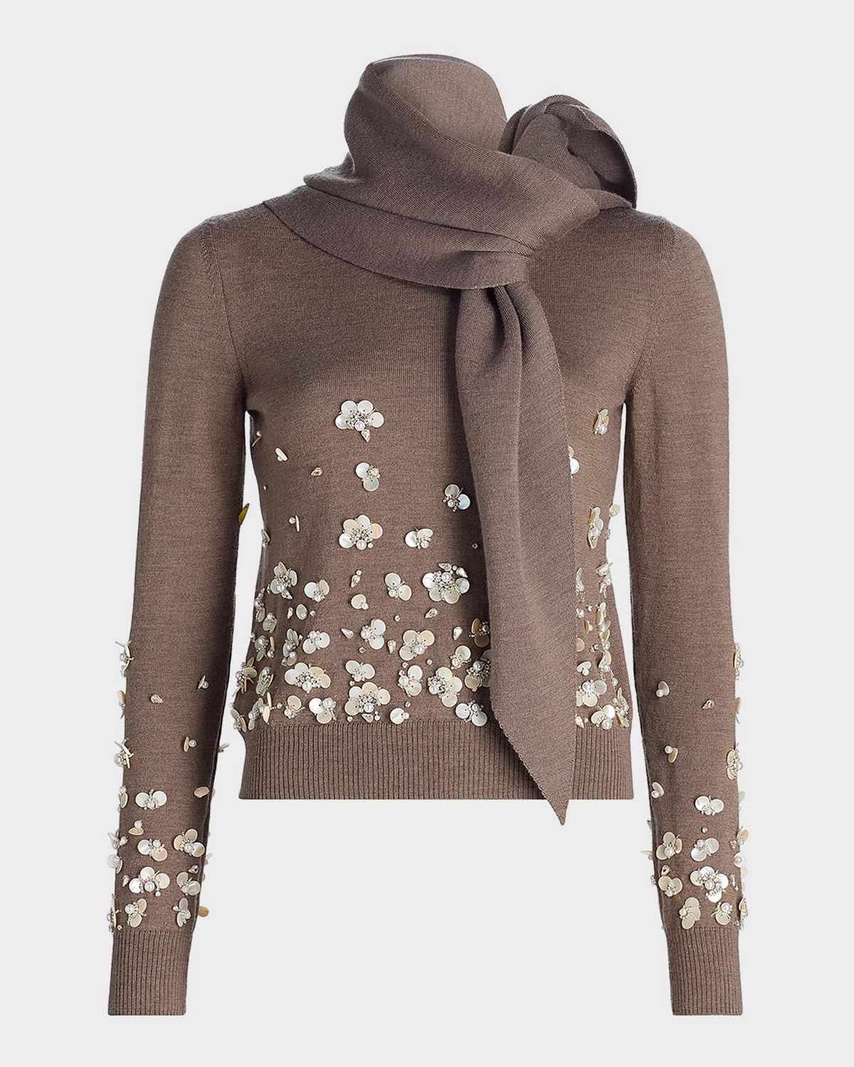 Oscar de la Renta Mother Of Pearl Embellished Wool Scarf-Neck Sweater