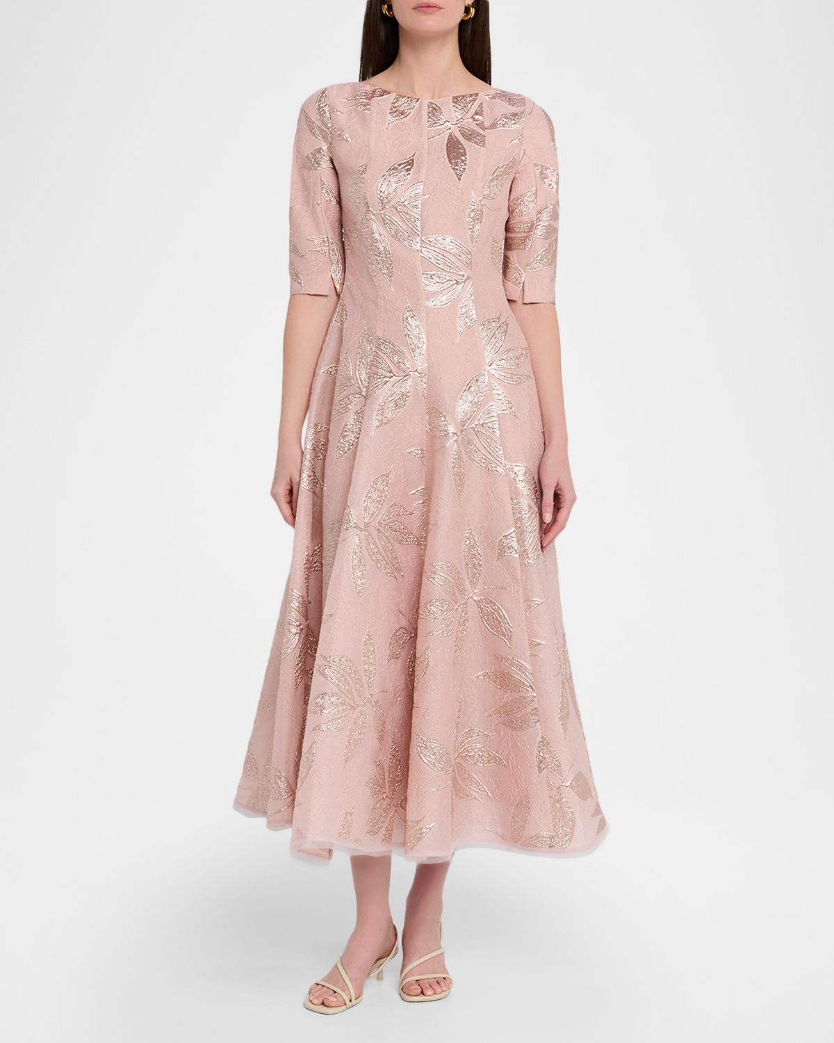 Talbot Runhof Metallic Peony Jacquard Midi Cocktail Dress