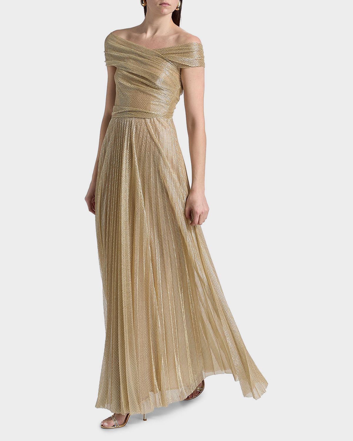 Talbot Runhof Metallic Pin Dot Pleated Off-The-Shoulder Gown