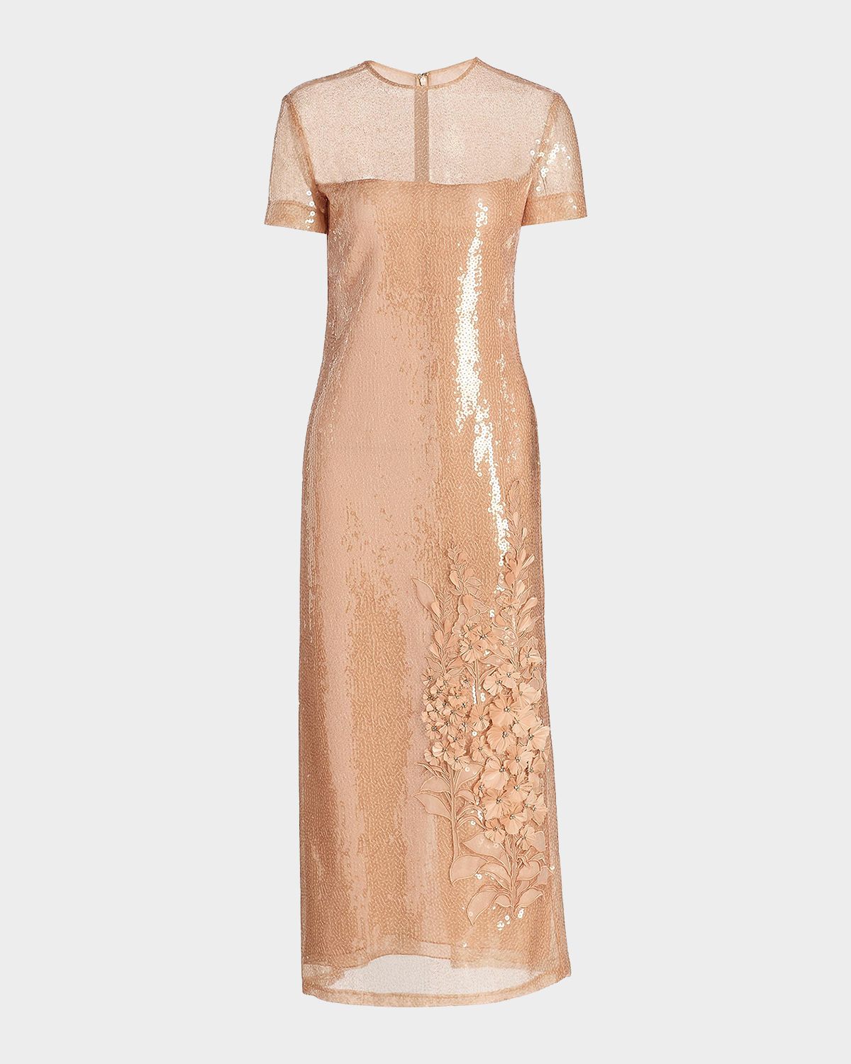 Oscar de la Renta Feather Applique Cap-Sleeve Sequined Midi Cocktail Dress