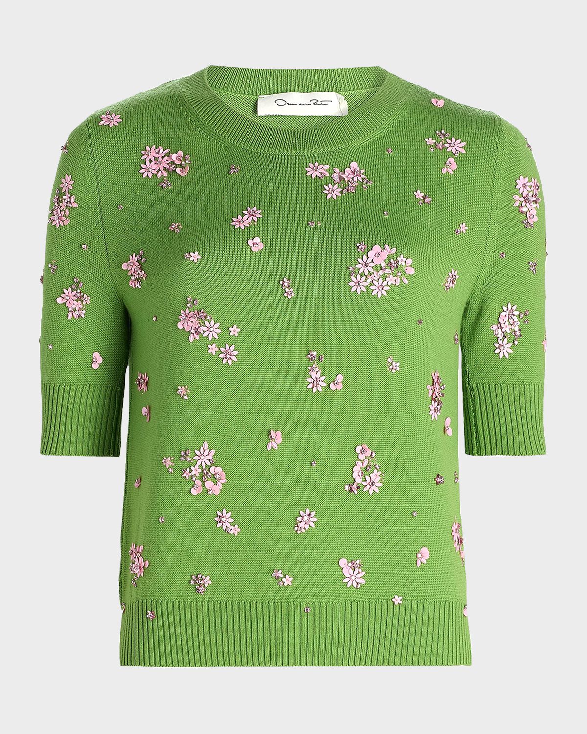 Oscar de la Renta Cluster Embroidered Wool Short-Sleeve Sweater