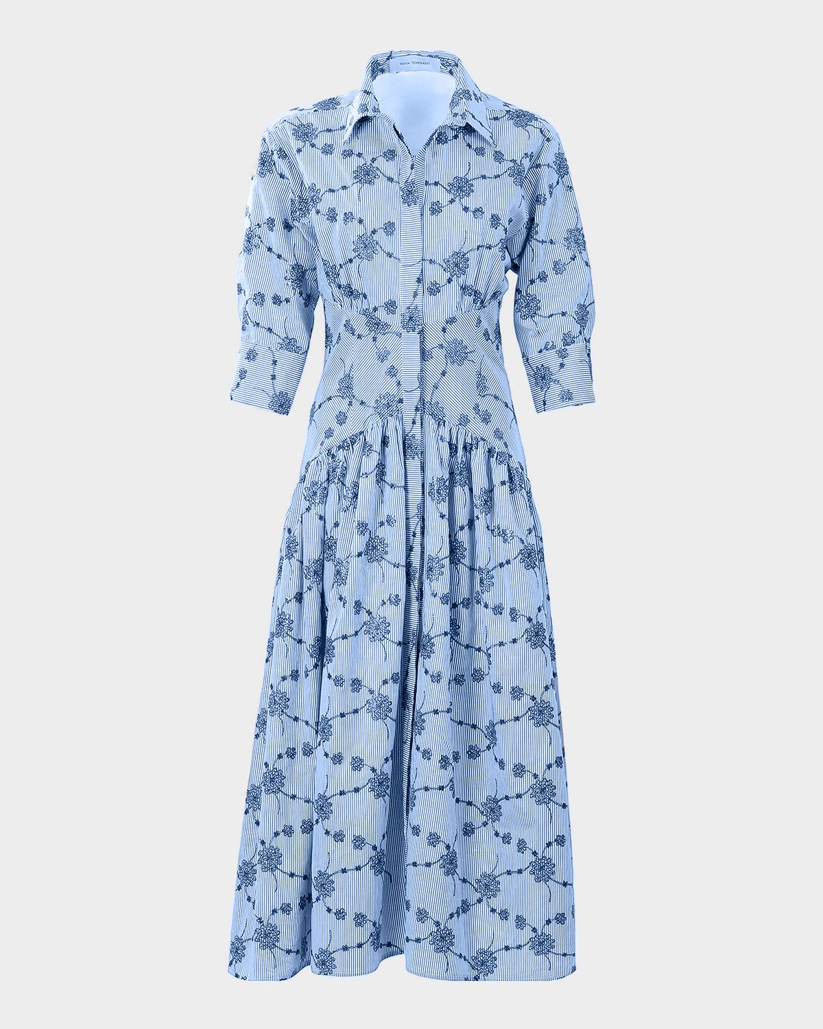 Silvia Tcherassi Indy Floral Striped Fit-&-Flare Midi Shirtdress