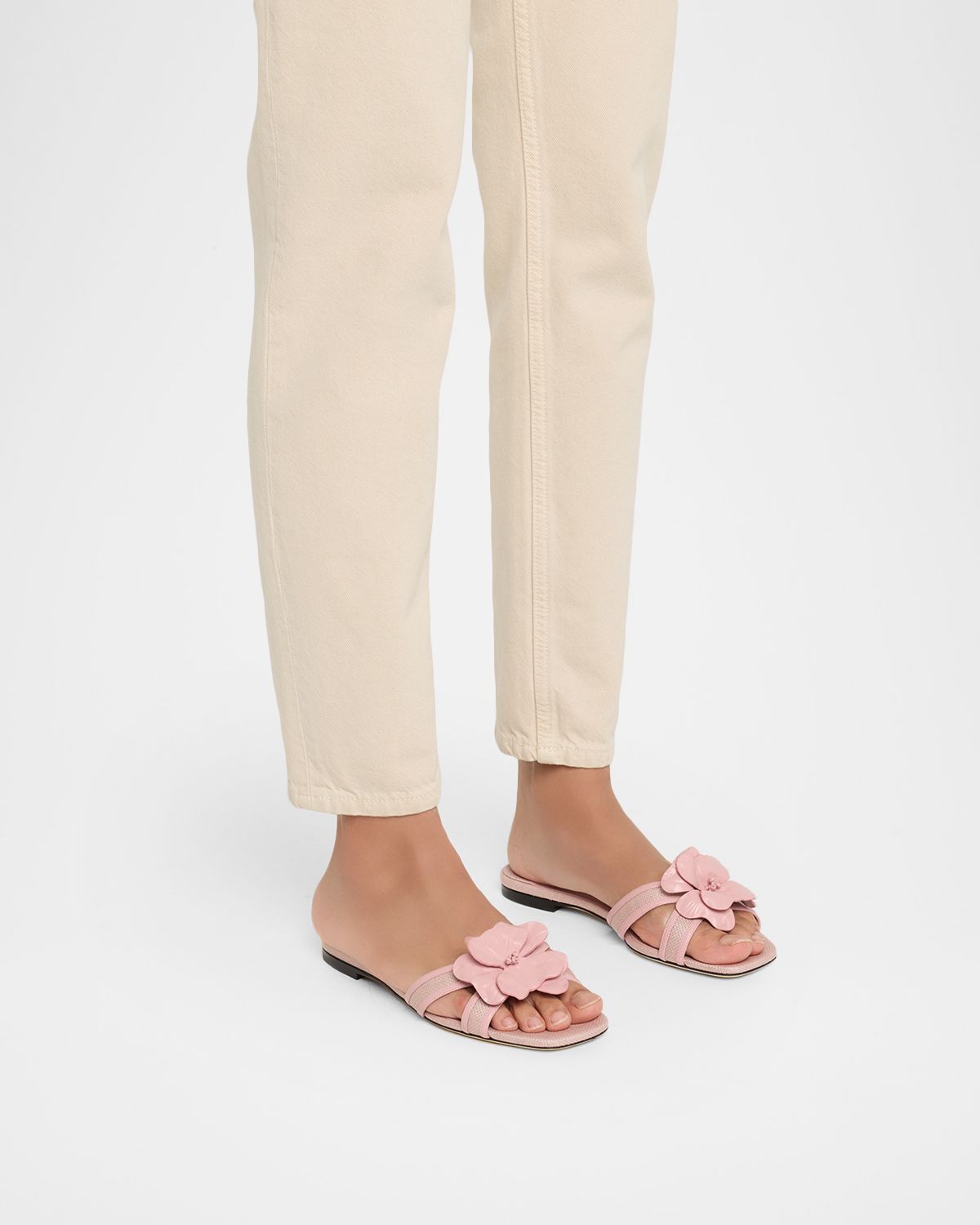 Jimmy Choo Delani Flower Raffia and Leather Flat Slide Sandals