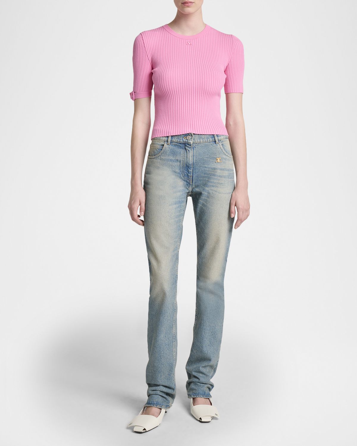 Courreges Buckle Short-Sleeve Rib Knit Top