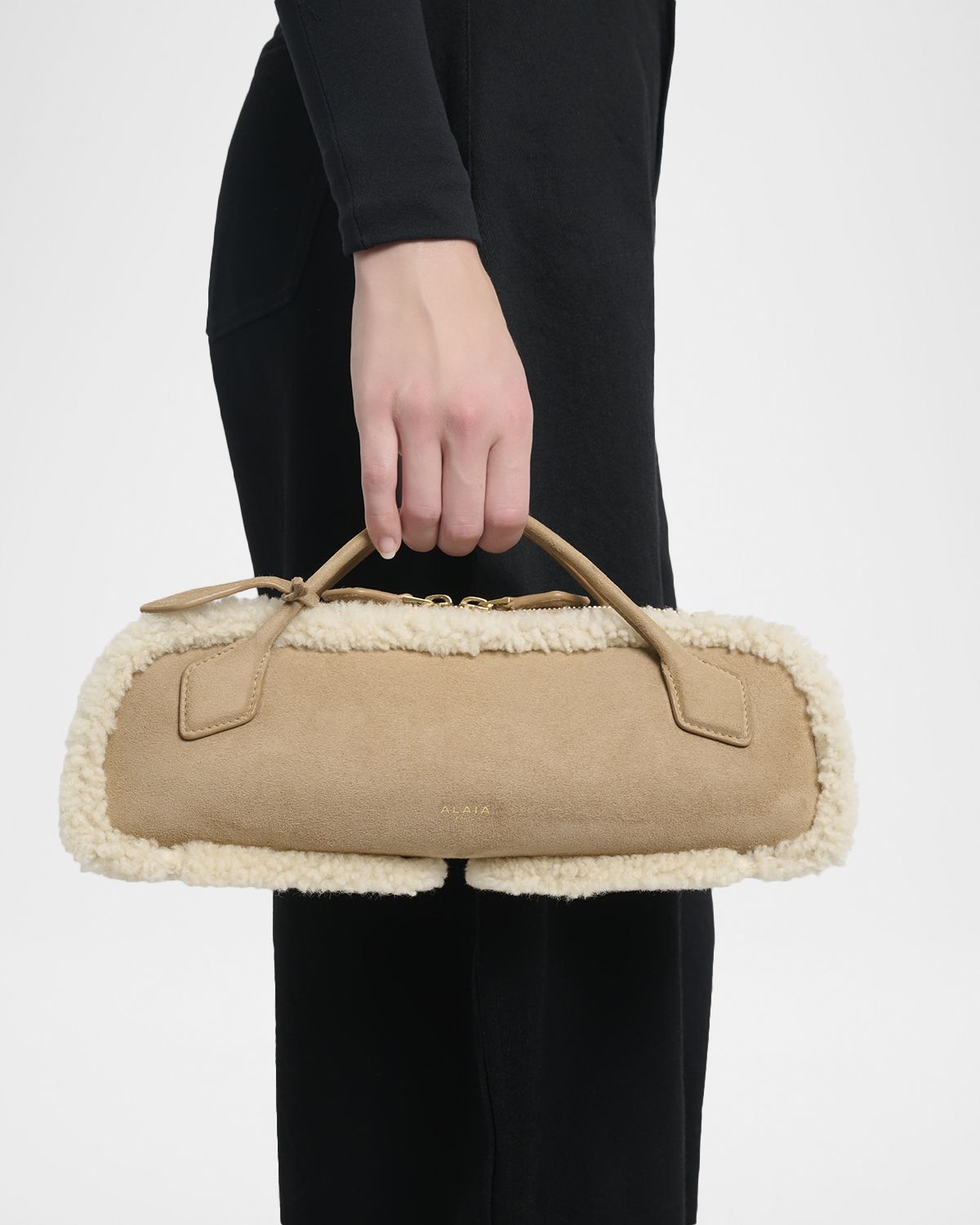 ALAIA Le Teckel Medium Suede & Shearling Top-Handle Bag