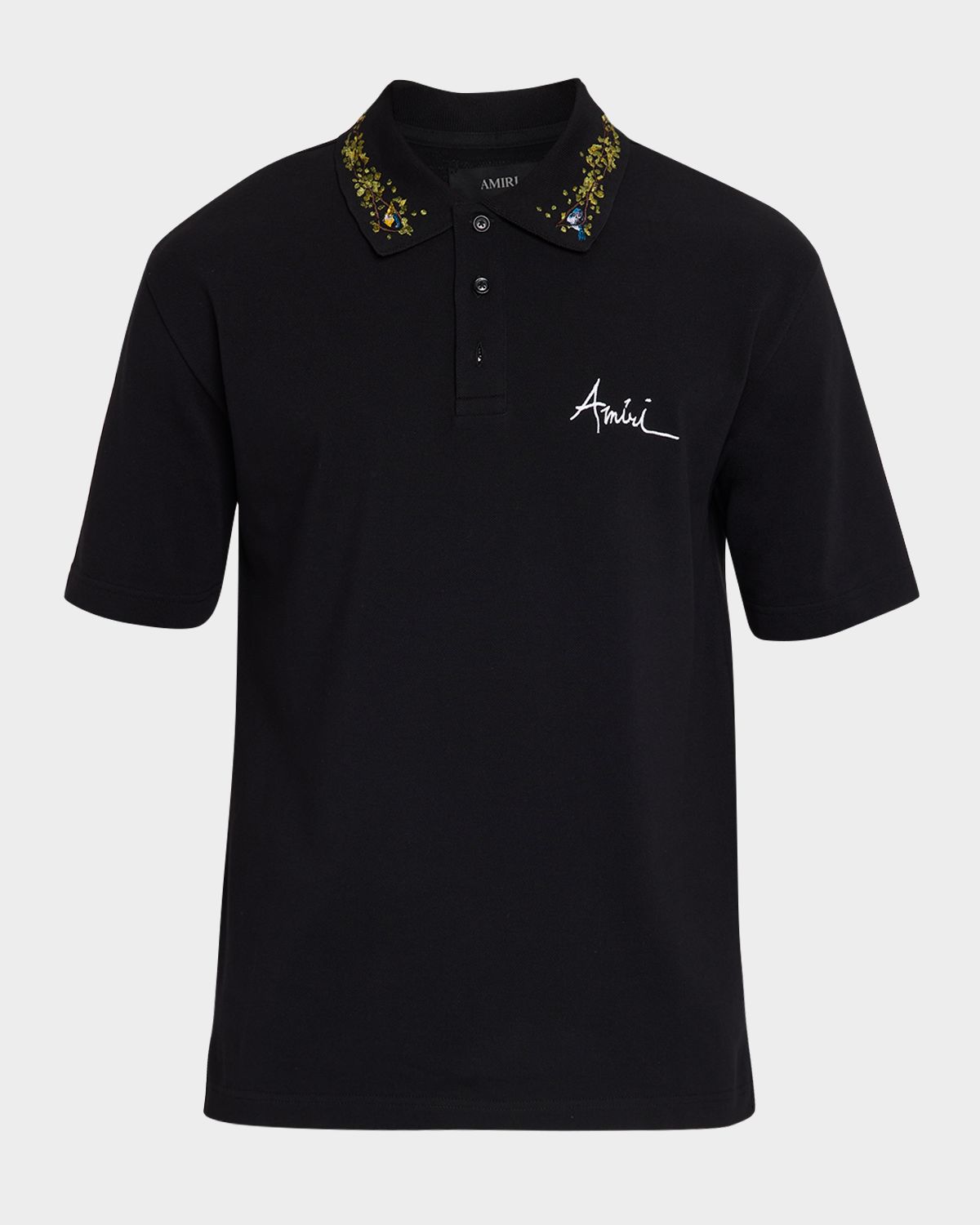 Amiri Men 's Embroidered Floral-Collar Cotton Polo Shirt
