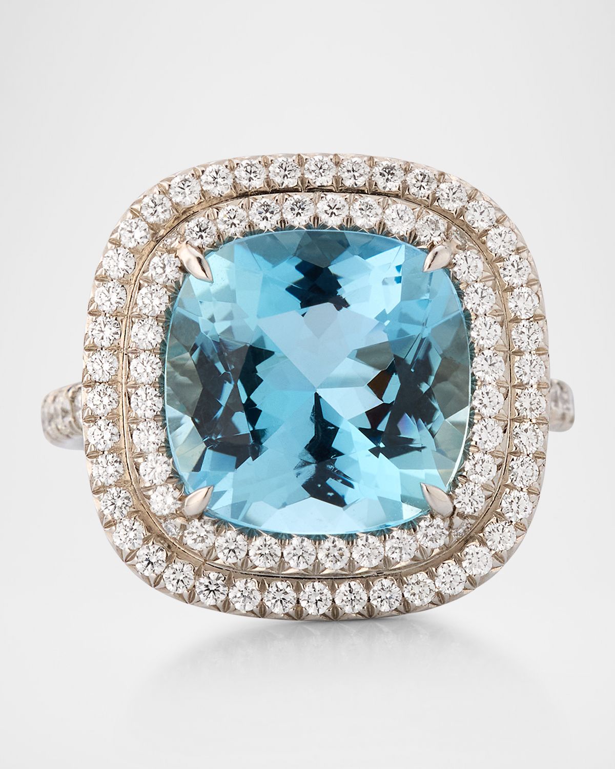 NM Estate Estate Tiffany Soleste Platinum Aquamarine and Diamond Double Row Cushion Ring, Size 6