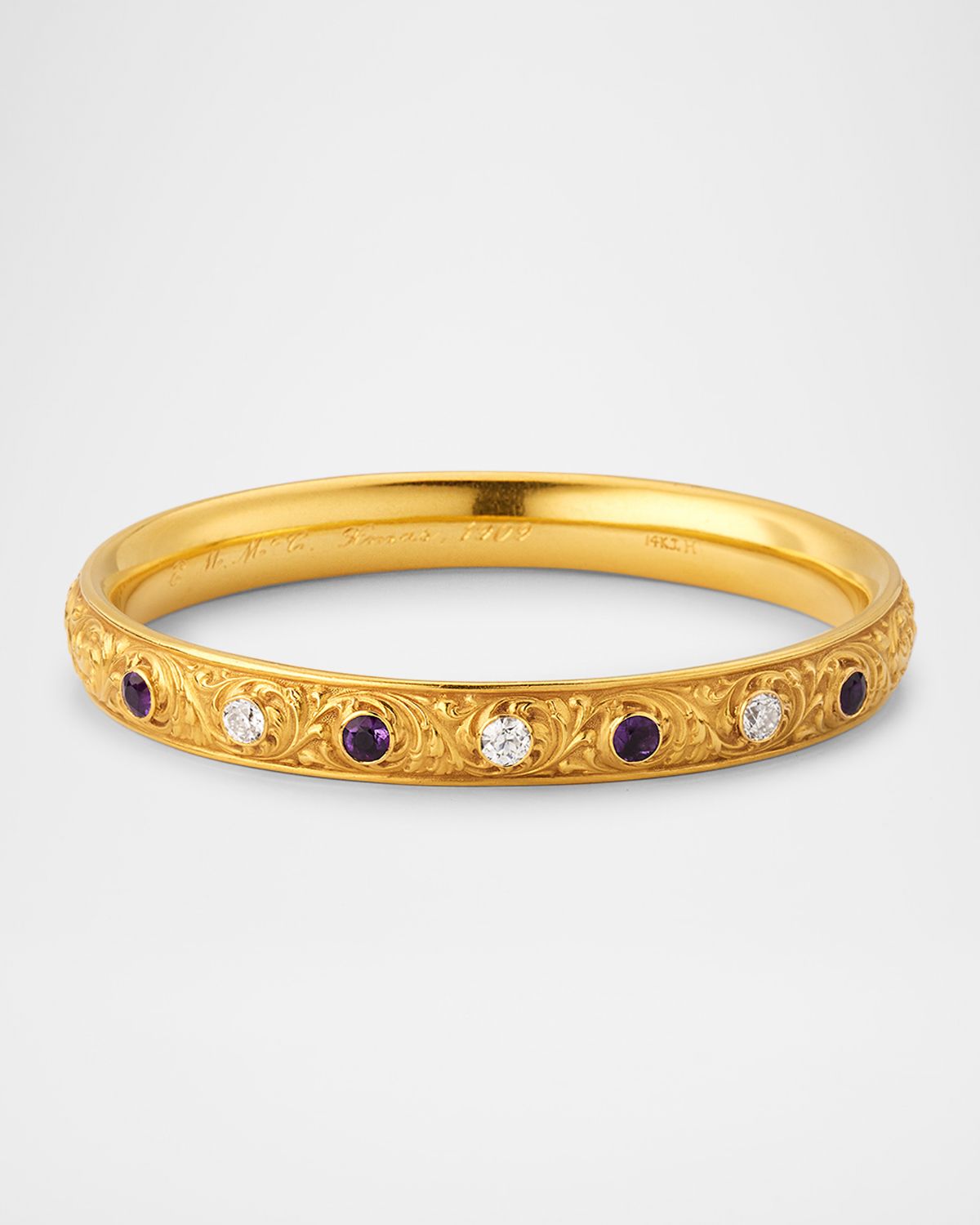 NM Estate Estate Krementz 14K Yellow Gold Amethyst and Diamond Bangle Bracelet