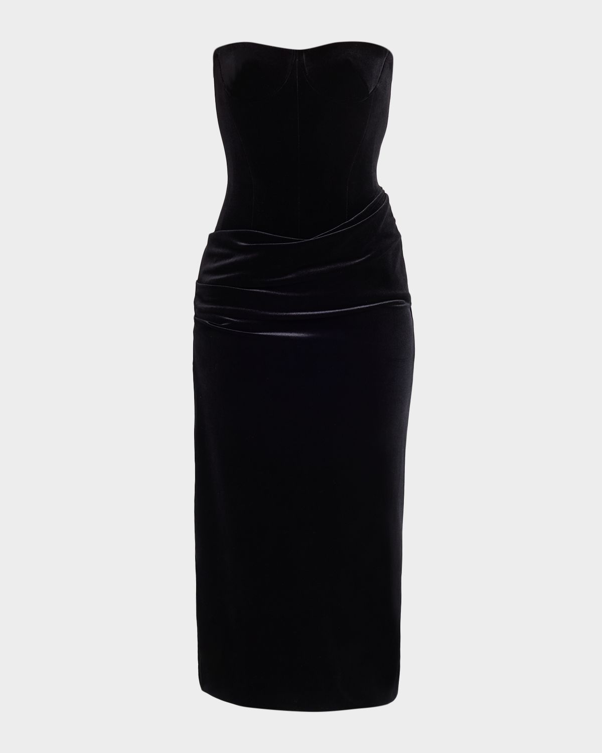 Alex Perry Strapless Velvet Draped Bustier Midi Dress