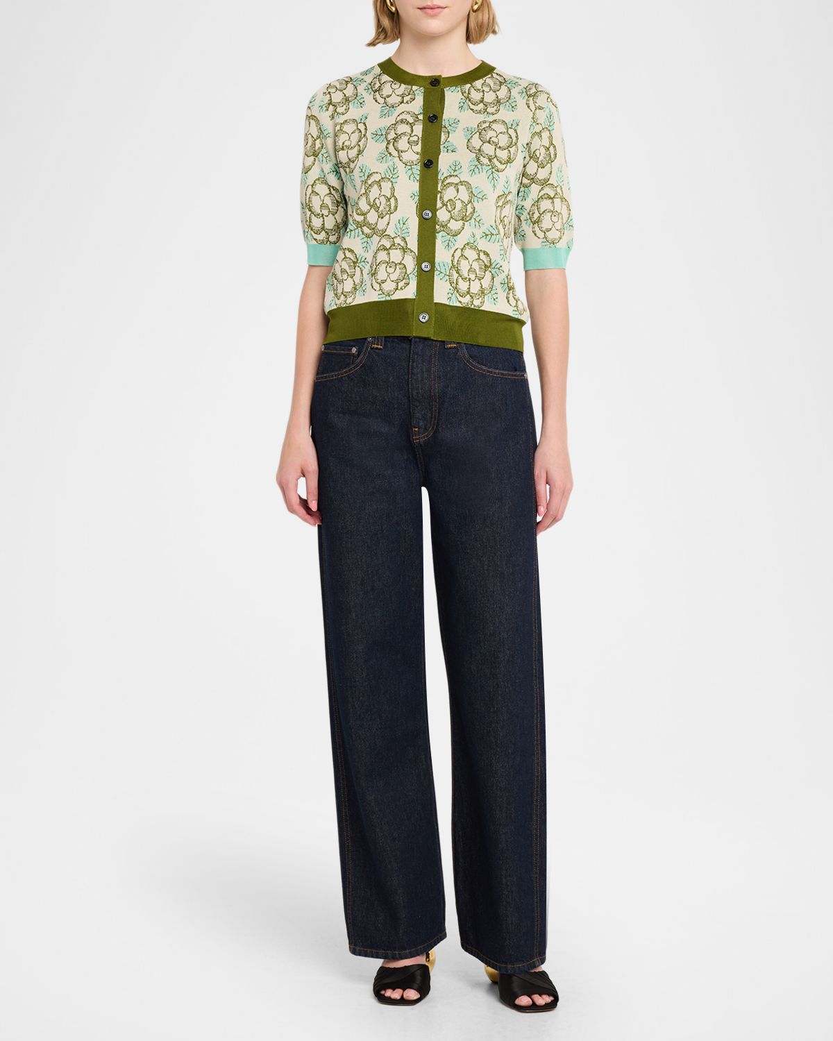 Marni Floral Short-Sleeve Crewneck Cardigan