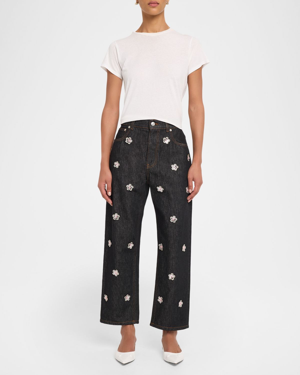 Marni Flower Embroidered Denim Relaxed-Leg Ankle Carrot Trousers
