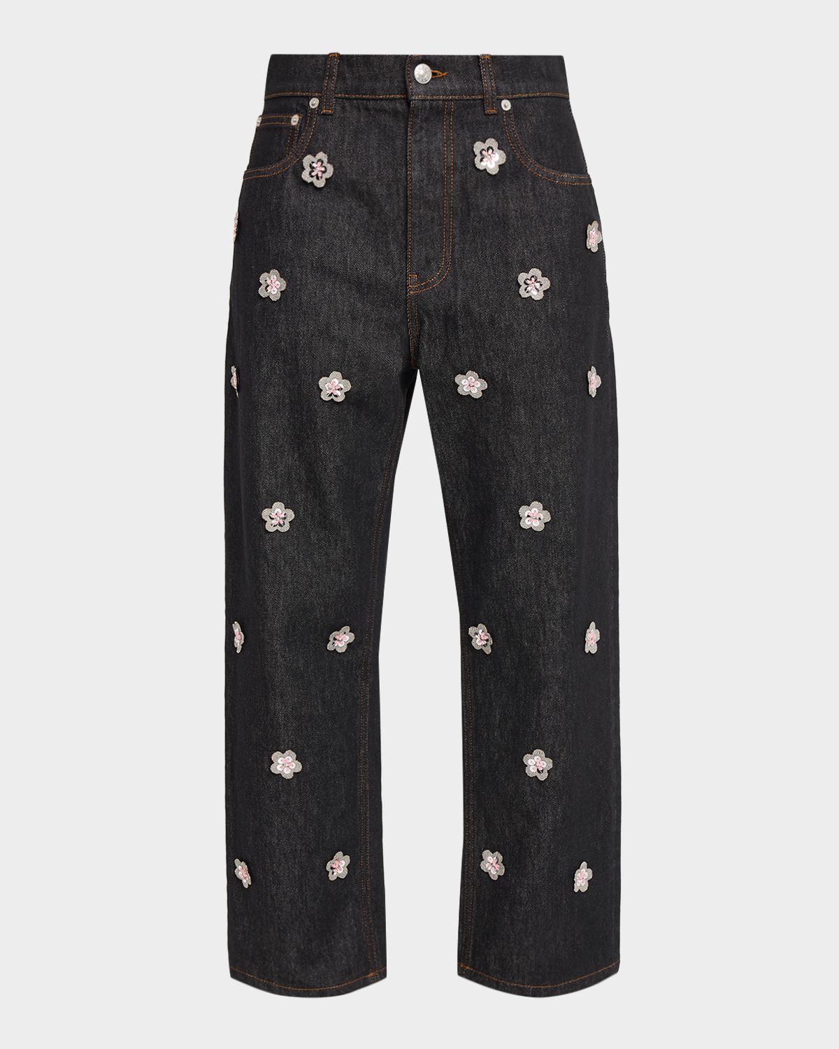 Marni Flower Embroidered Denim Relaxed-Leg Ankle Carrot Trousers