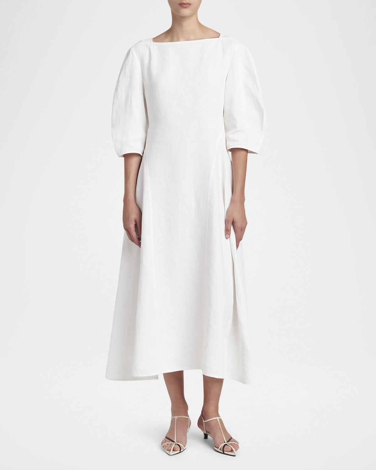 Jil Sander Square-Neck Puff-Sleeve Linen Midi Dress