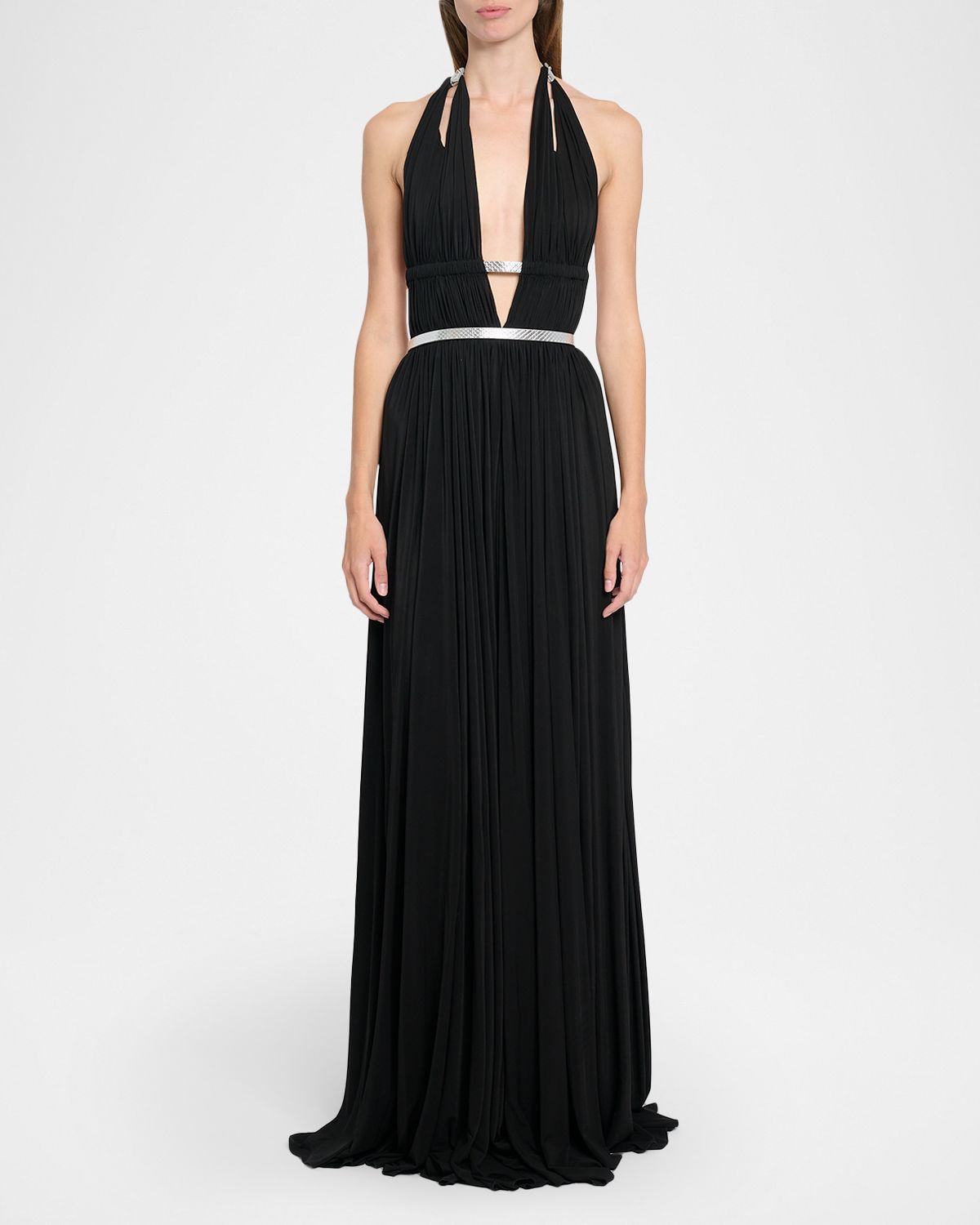 ALAIA Deesse Leather-Trimmed Pleated Jersey Gown