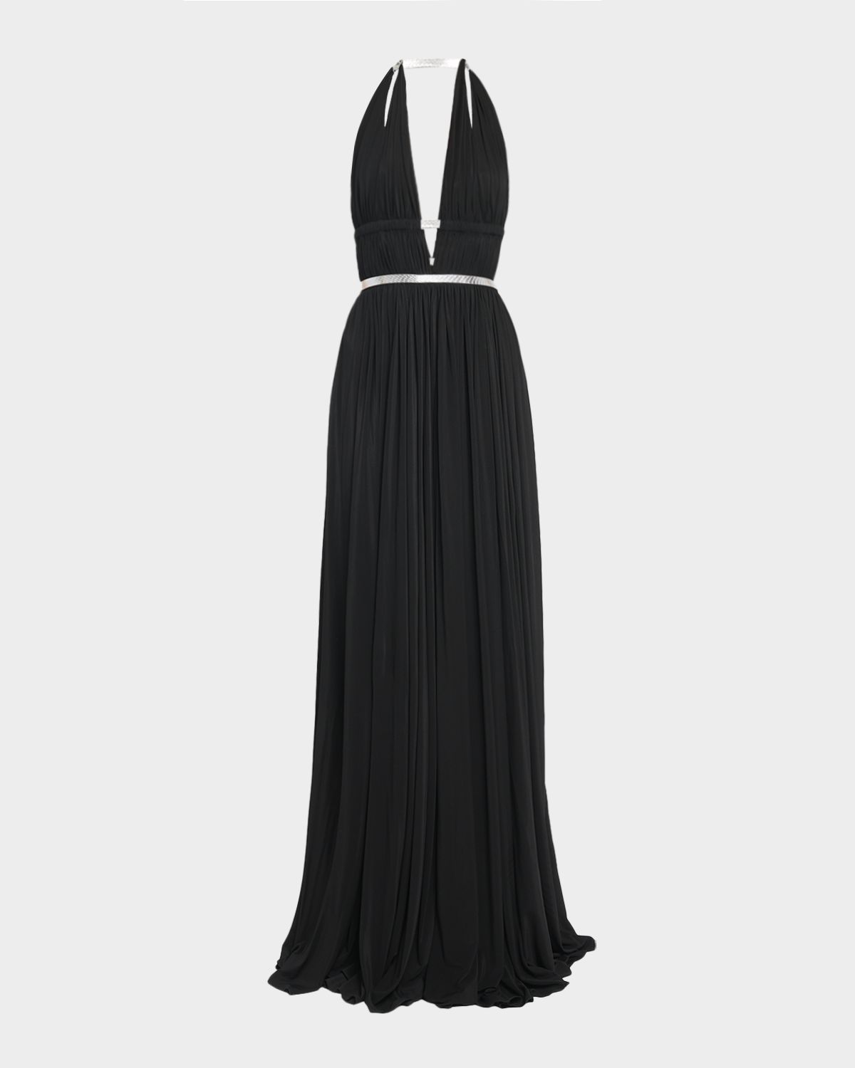 ALAIA Deesse Leather-Trimmed Pleated Jersey Gown