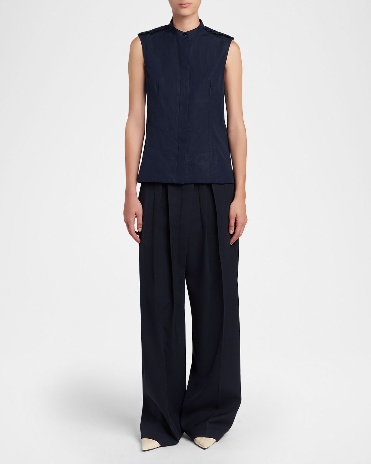 Jil Sander Ruffle-Shoulder Sleeveless Button-Down Shirt