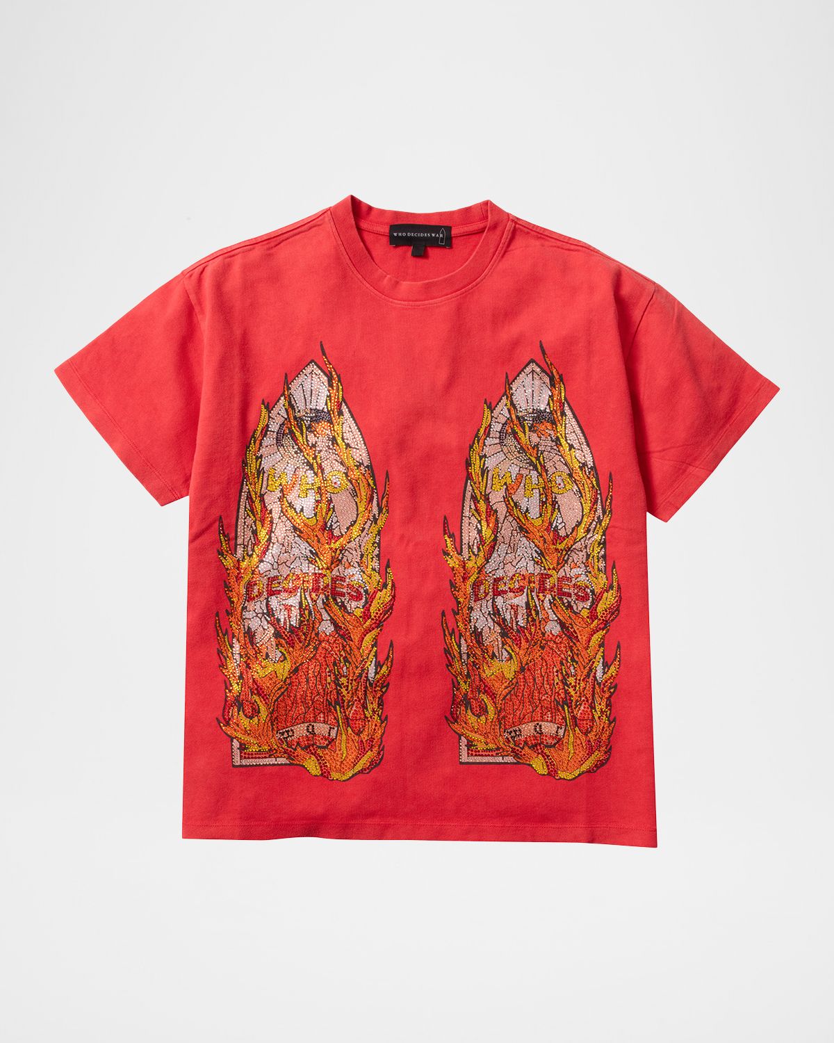 WHO DECIDES WAR Men 's Rhinestone Flame Glass Jersey Cotton T-Shirt