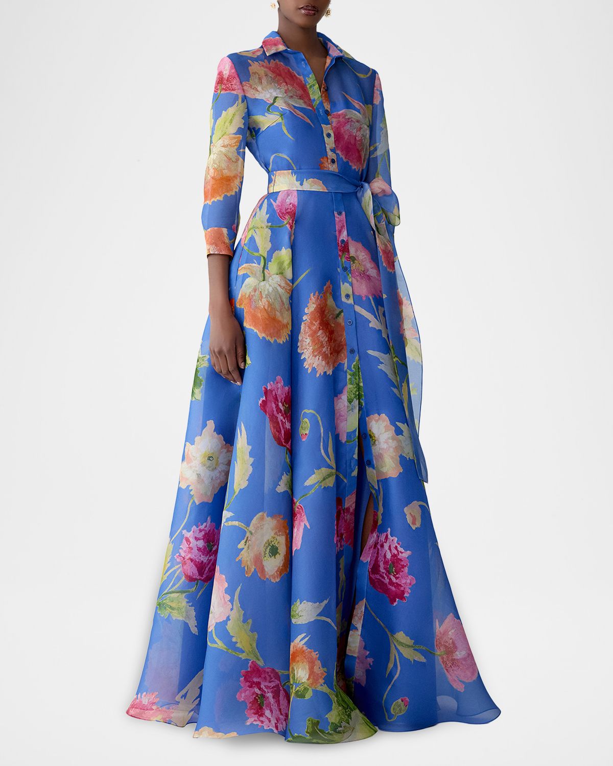Carolina Herrera Floral Silk Chiffon Belted Trench Gown