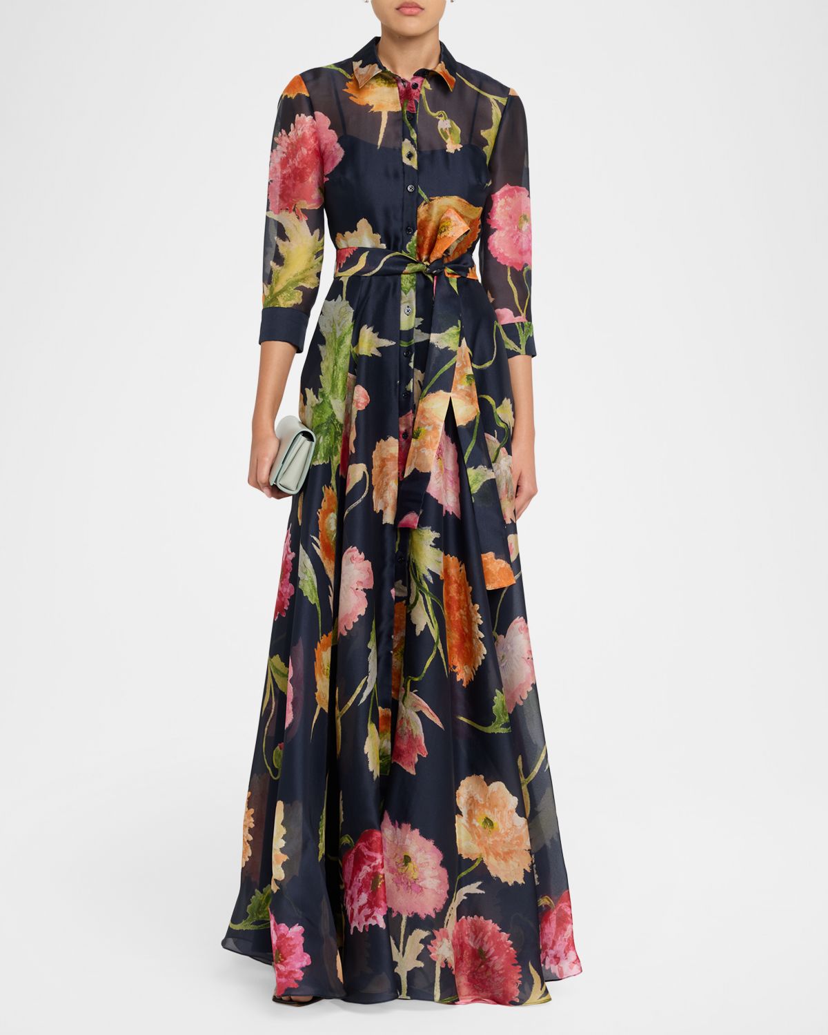 Carolina Herrera Floral Silk Chiffon Belted Trench Gown
