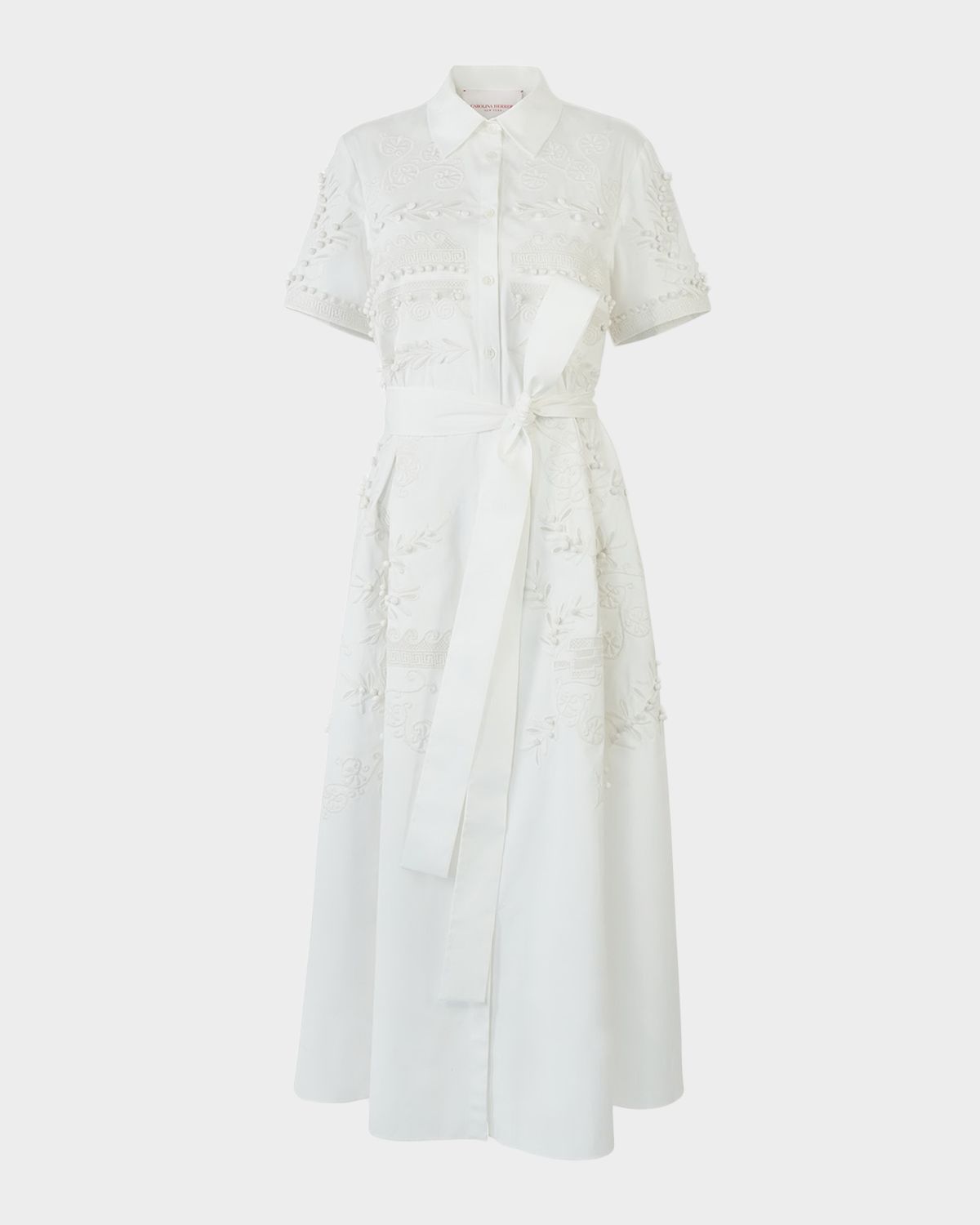 Carolina Herrera Grecian Embroidered Short-Sleeve Midi Shirtdress With Belt
