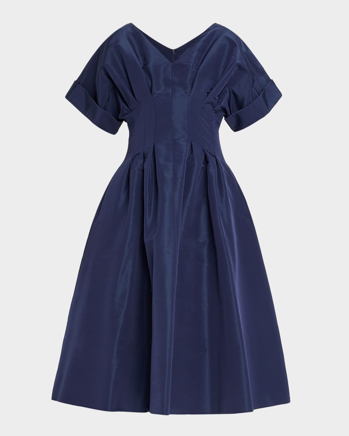 Carolina Herrera V-Neck Pleated Short-Sleeve Midi Dress