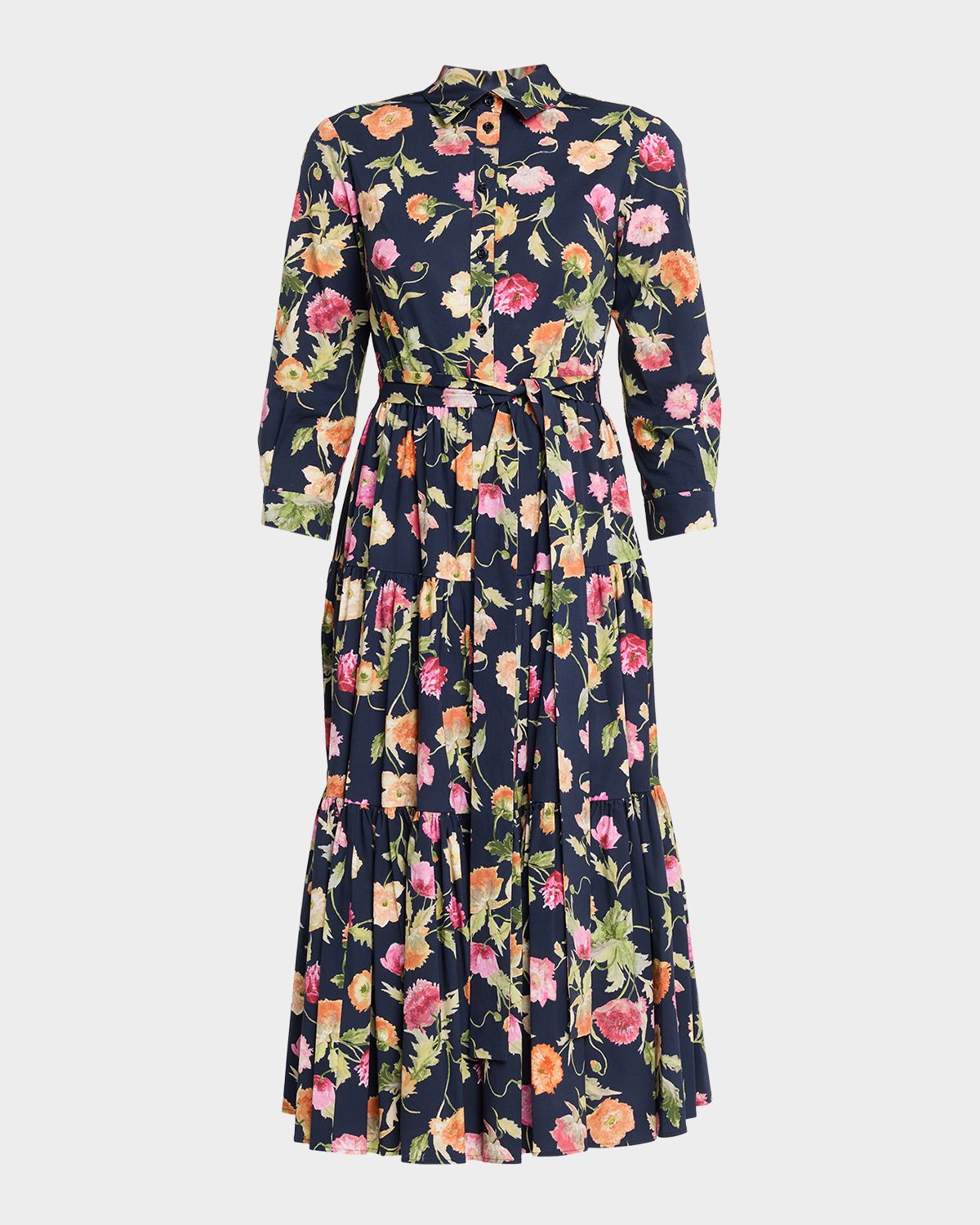Carolina Herrera Belted 3/4-Sleeve Floral Cotton Midi Shirt Dress