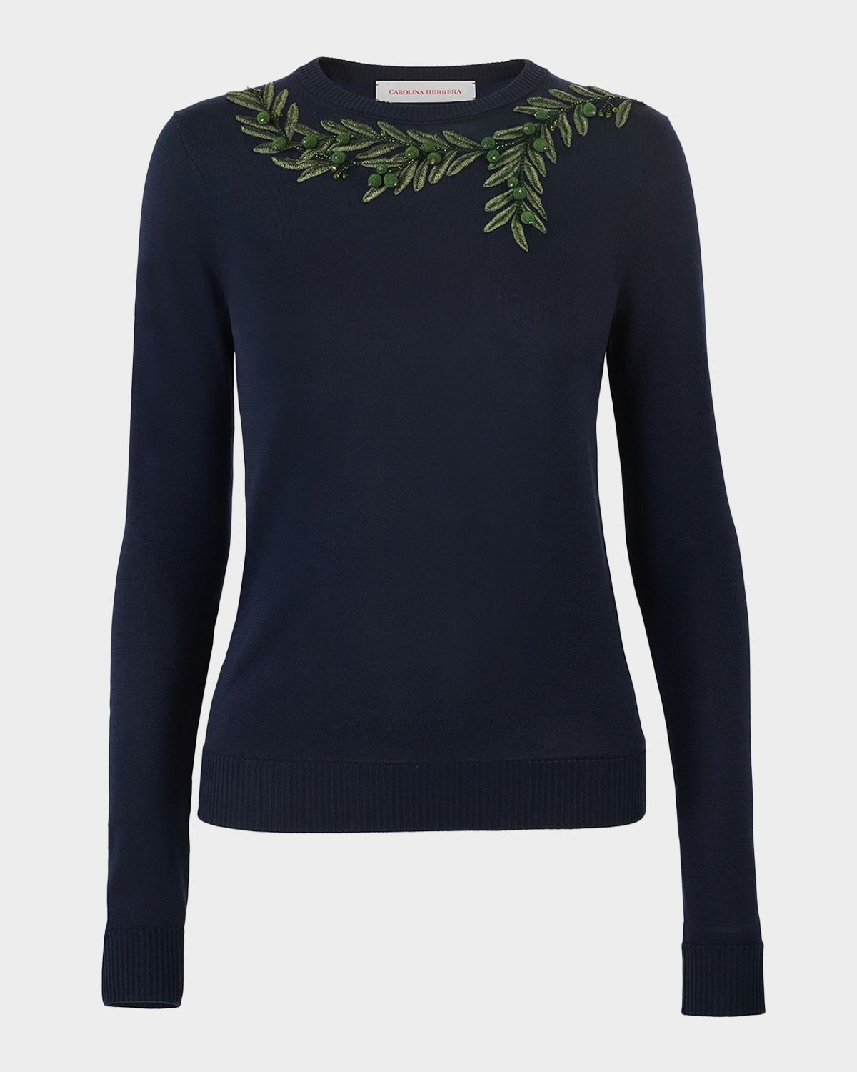 Carolina Herrera Olive Branch Embroidered Silk-Cotton Crewneck Sweater