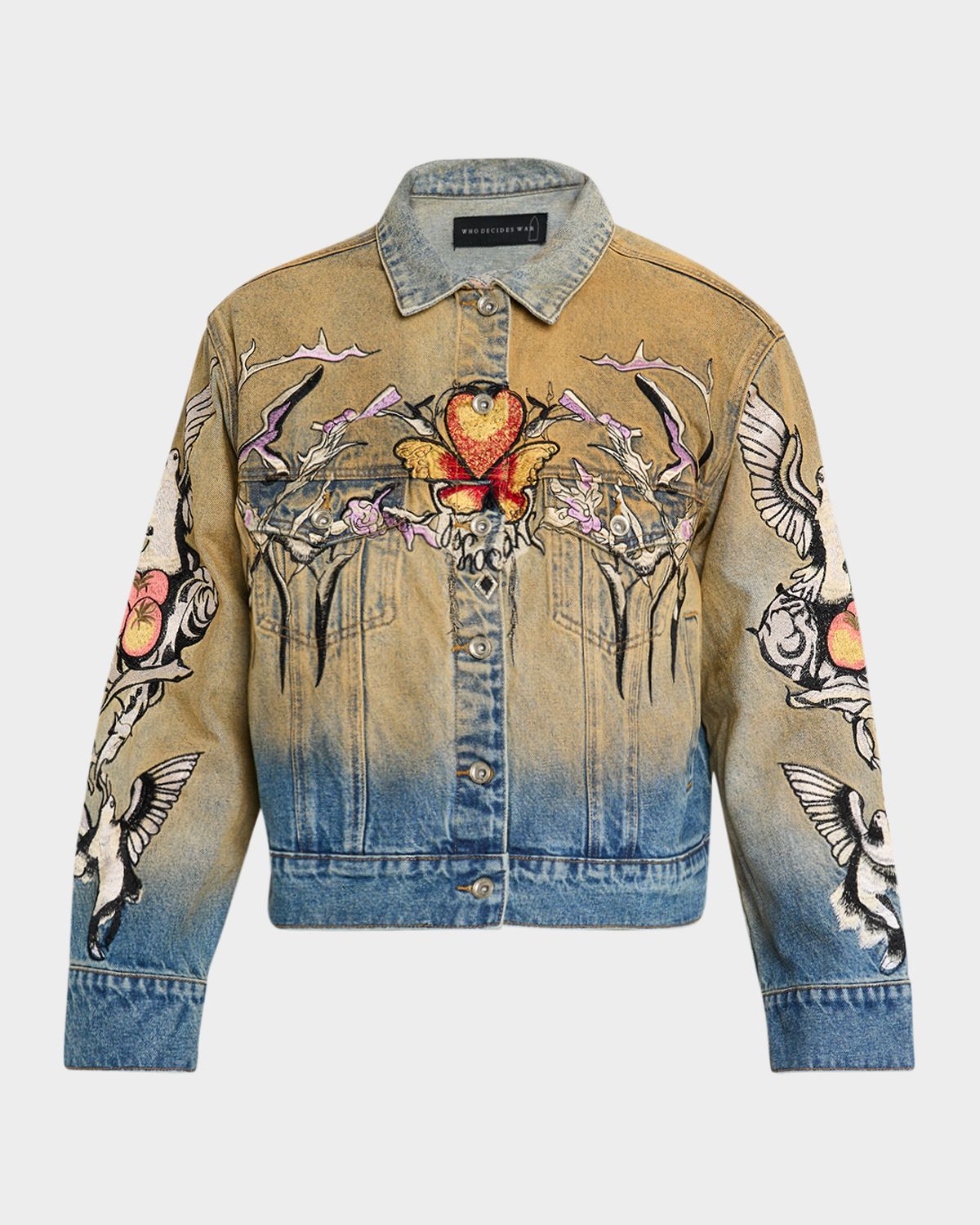 WHO DECIDES WAR Men 's Dove Embroidered Denim Trucker Jacket