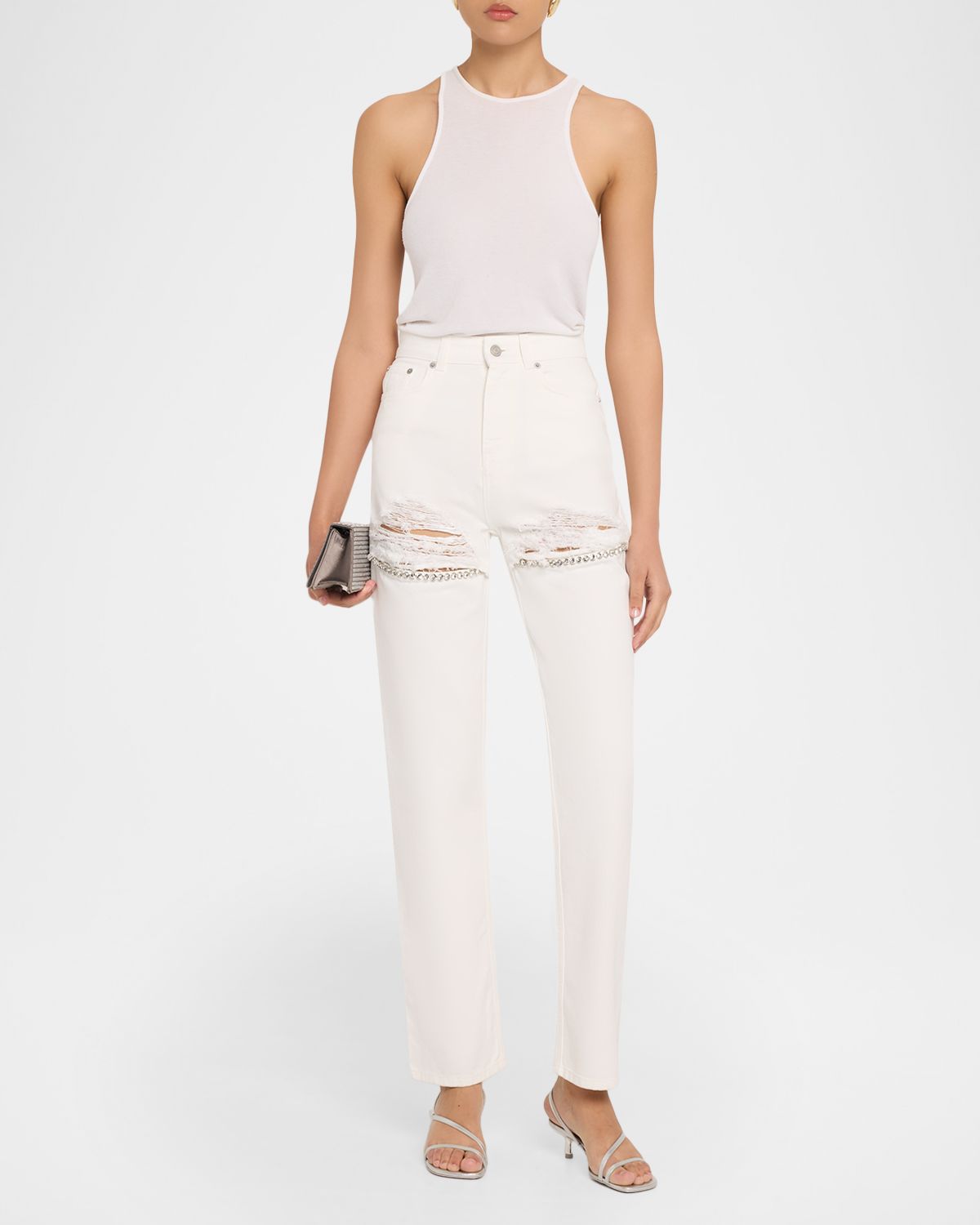 AREA Crystal Fray Slim-Leg Jeans