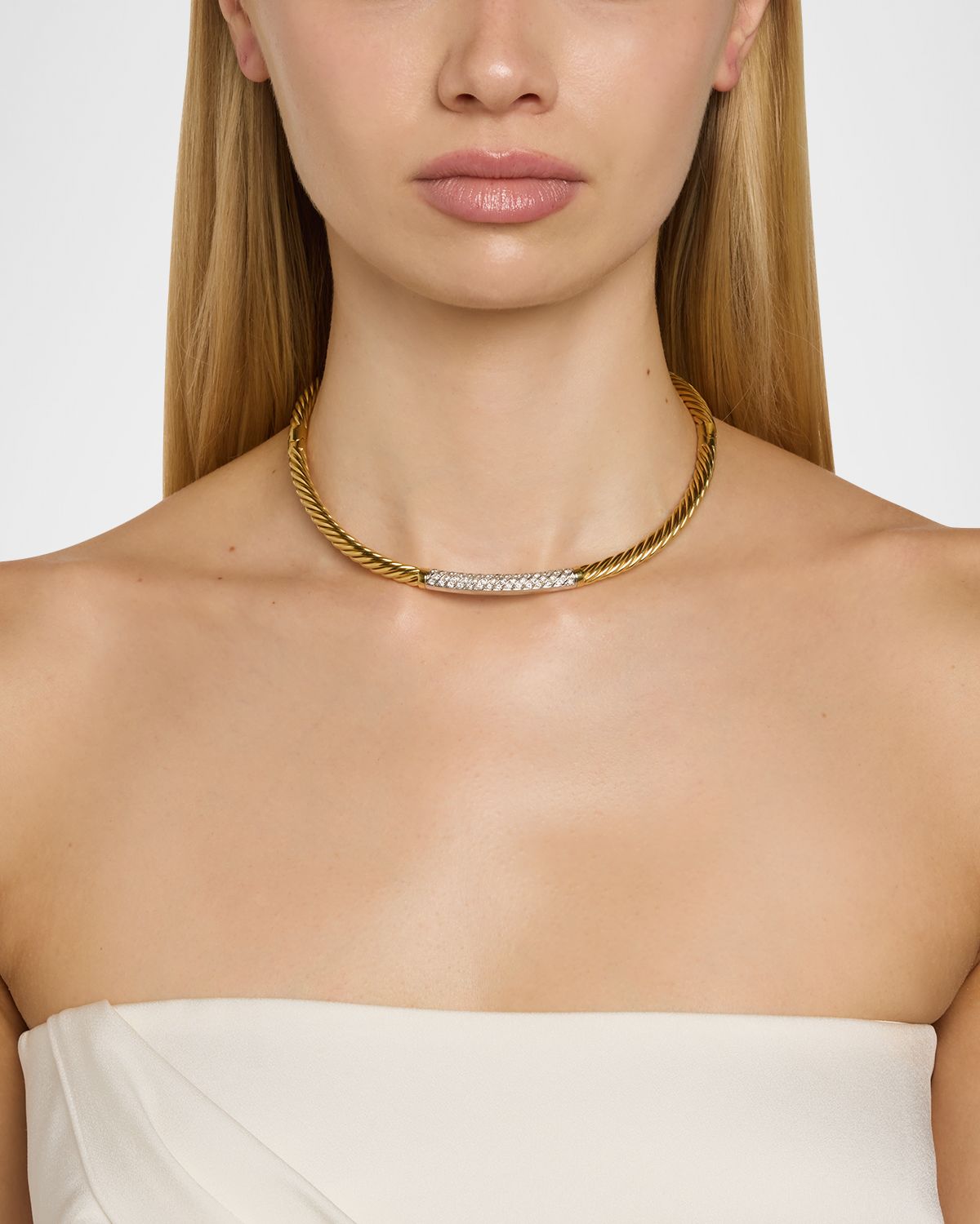 NM Estate Estate 18K Yellow Gold and White Gold Pave Diamond Twisted Wire Double Hinged Choker Necklace