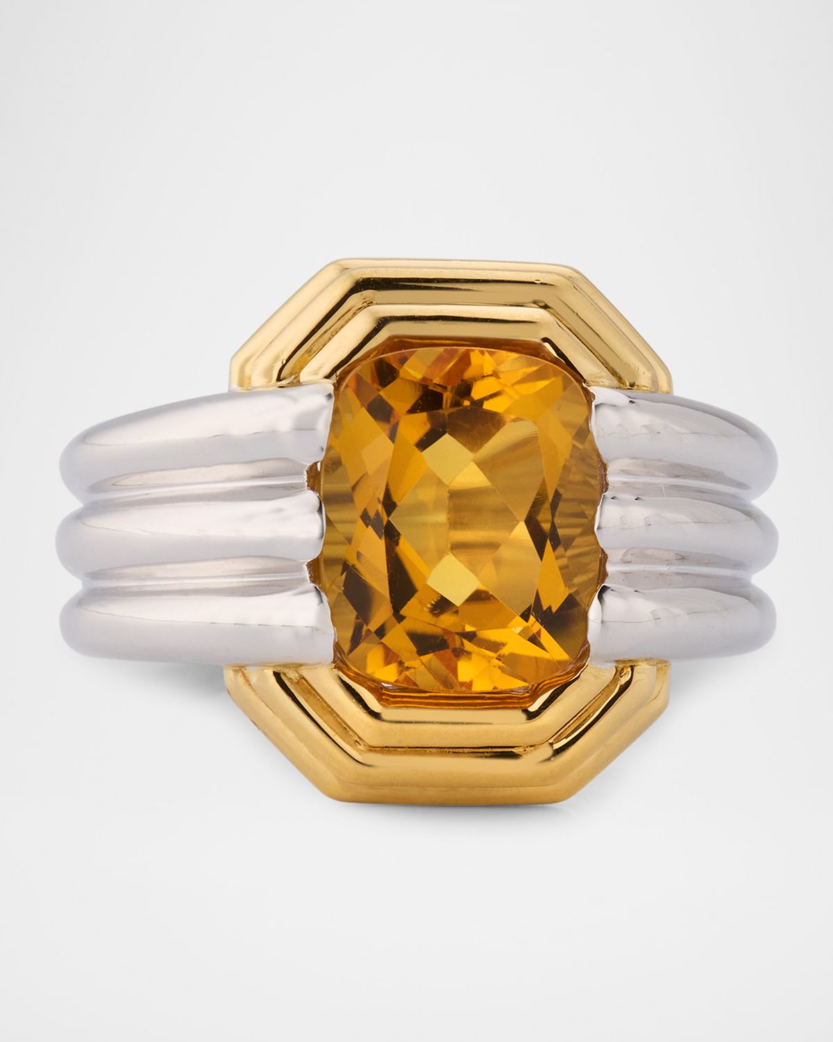 NM Estate Estate 18K Yellow Gold and White Gold Citrine Grooved Ring, Size 7.75