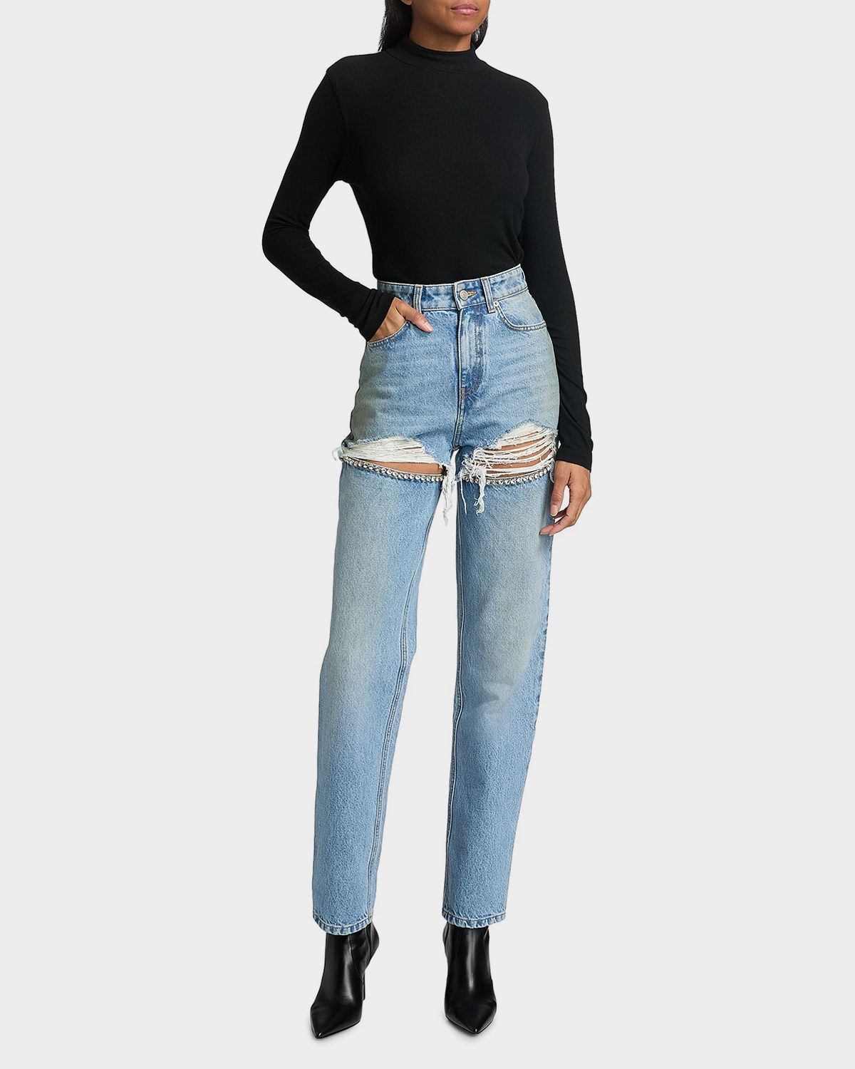AREA Crystal Frayed Slit Barrel-Leg Jeans